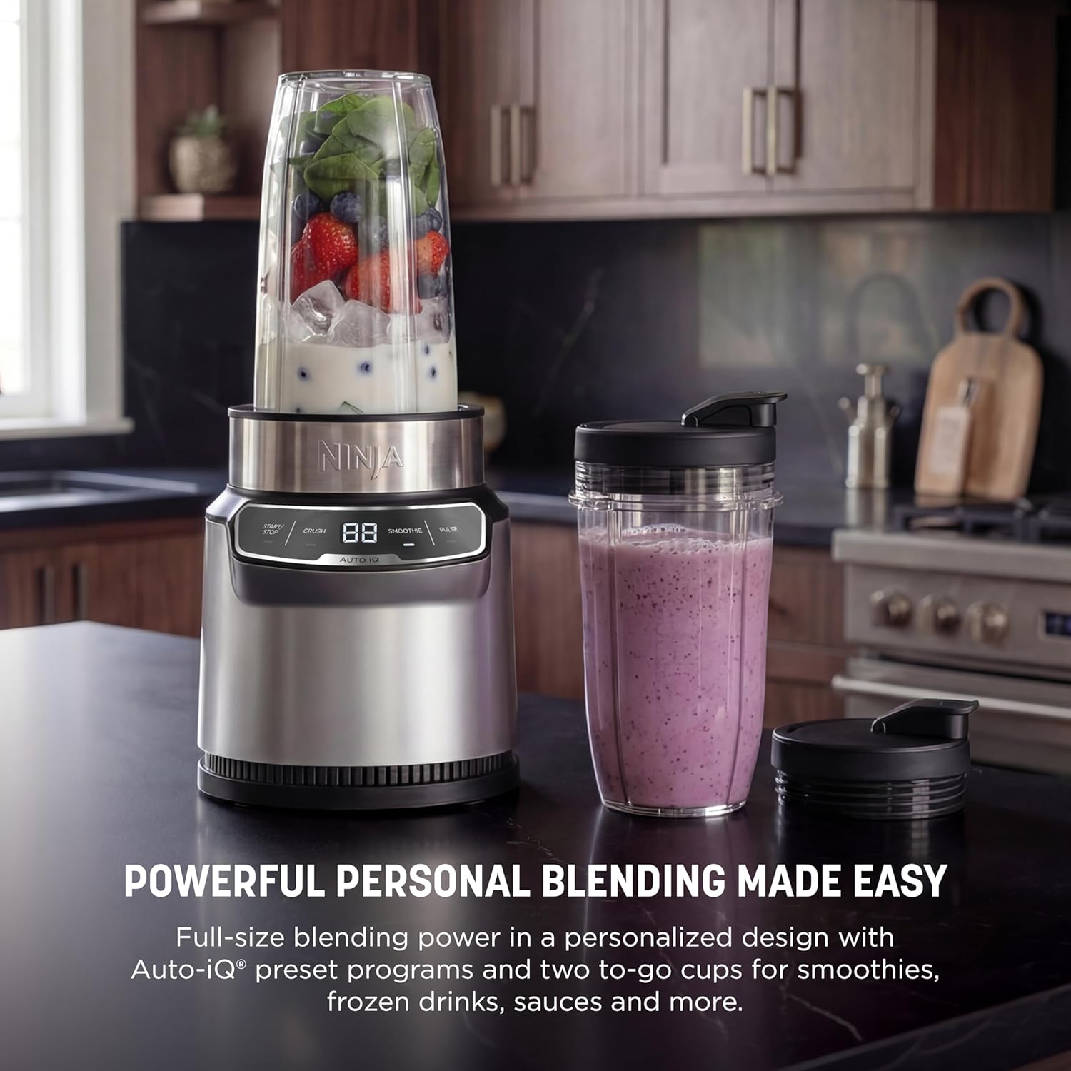 Ninja Blender | Nutri Pro | Auto IQ Blend | Smoothies, Shakes, Frozen Drinks, Salsa, Dips | Includes (2) 24 oz. To-Go Cups & Spout Lids | Crushes Ice, Fruit & Veggies |1100 Peak Watt | Silver | BN401