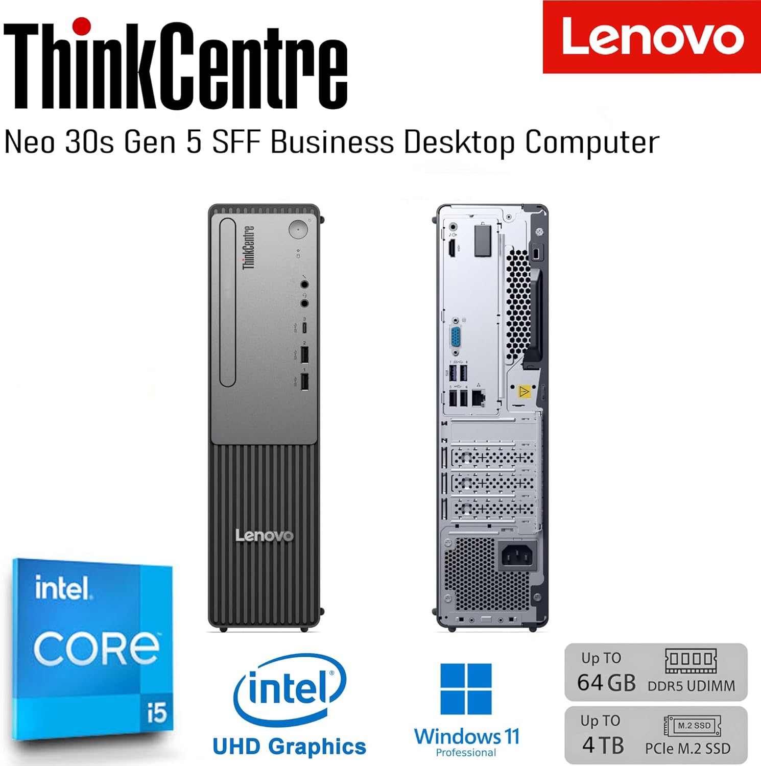 Lenovo ThinkCentre Neo 30s Gen 5 SFF Business Desktop Computer, Latest 13th Gen Intel Core i5-13420H, 16GB DDR5, 1TB PCIe SSD, USB-C, HDMI, VGA, RJ-45, Wi-Fi, Wired Keyboard & Mouse, Windows11 Pro