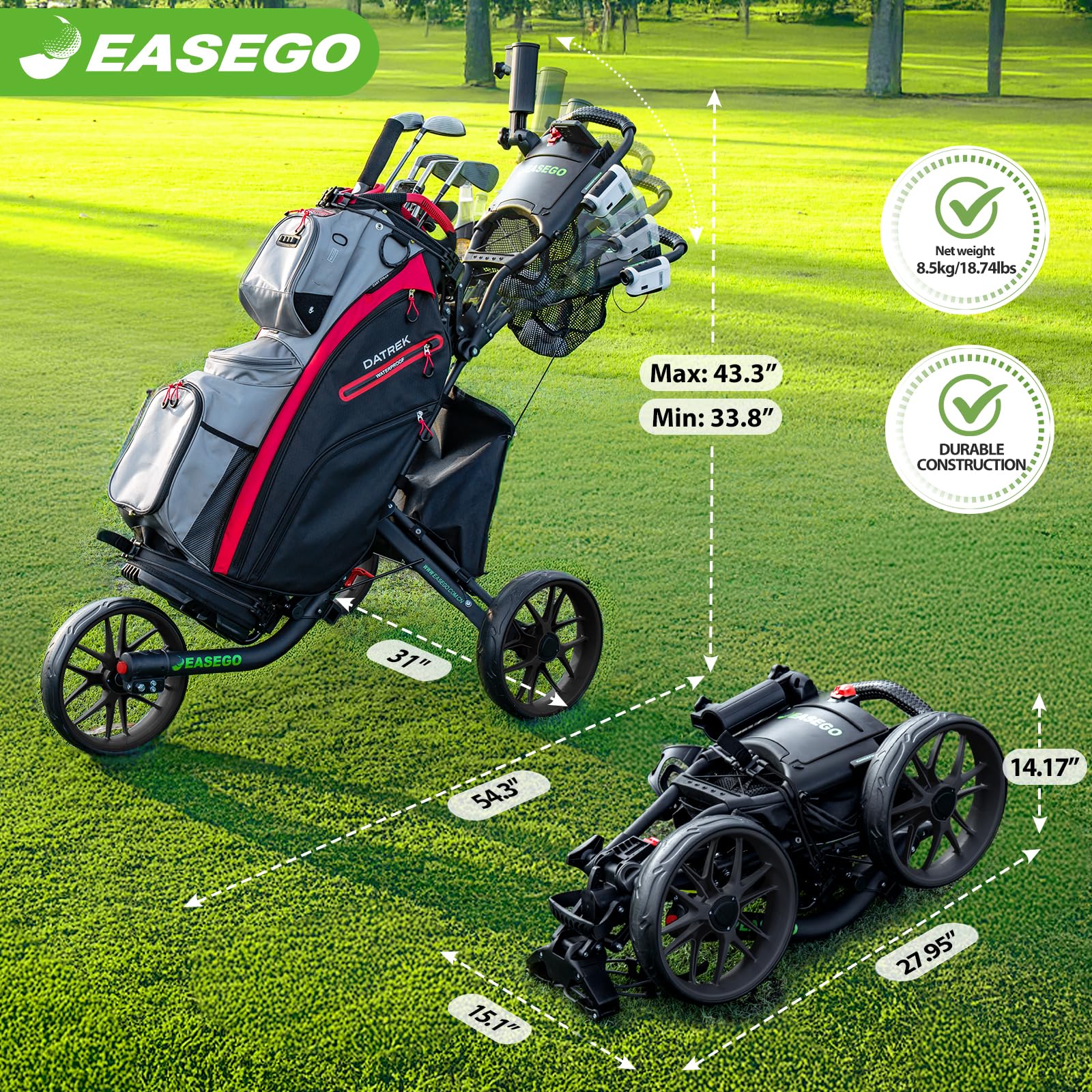 EASEGO Golf Push Cart – Foldable 3 Wheel Caddy