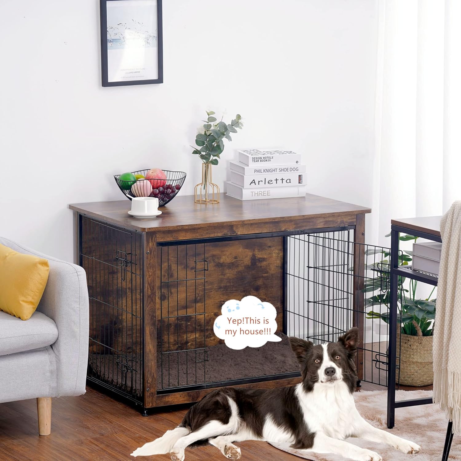 DWANTON Dog Crate Furniture with Cushion, Wooden Kennel Table with Double Doors, Indoor Dog House, Large Size, 38.5