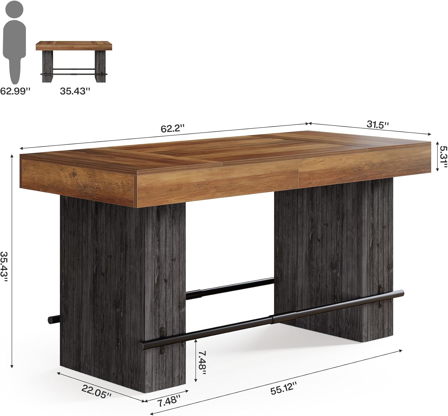 Tribesigns 62.2-Inch Dining Table for 4-6, Counter Height Dining Room Table with Footrest, High Top Kitchen Bar Table for Living Room, Kitchen, Pub