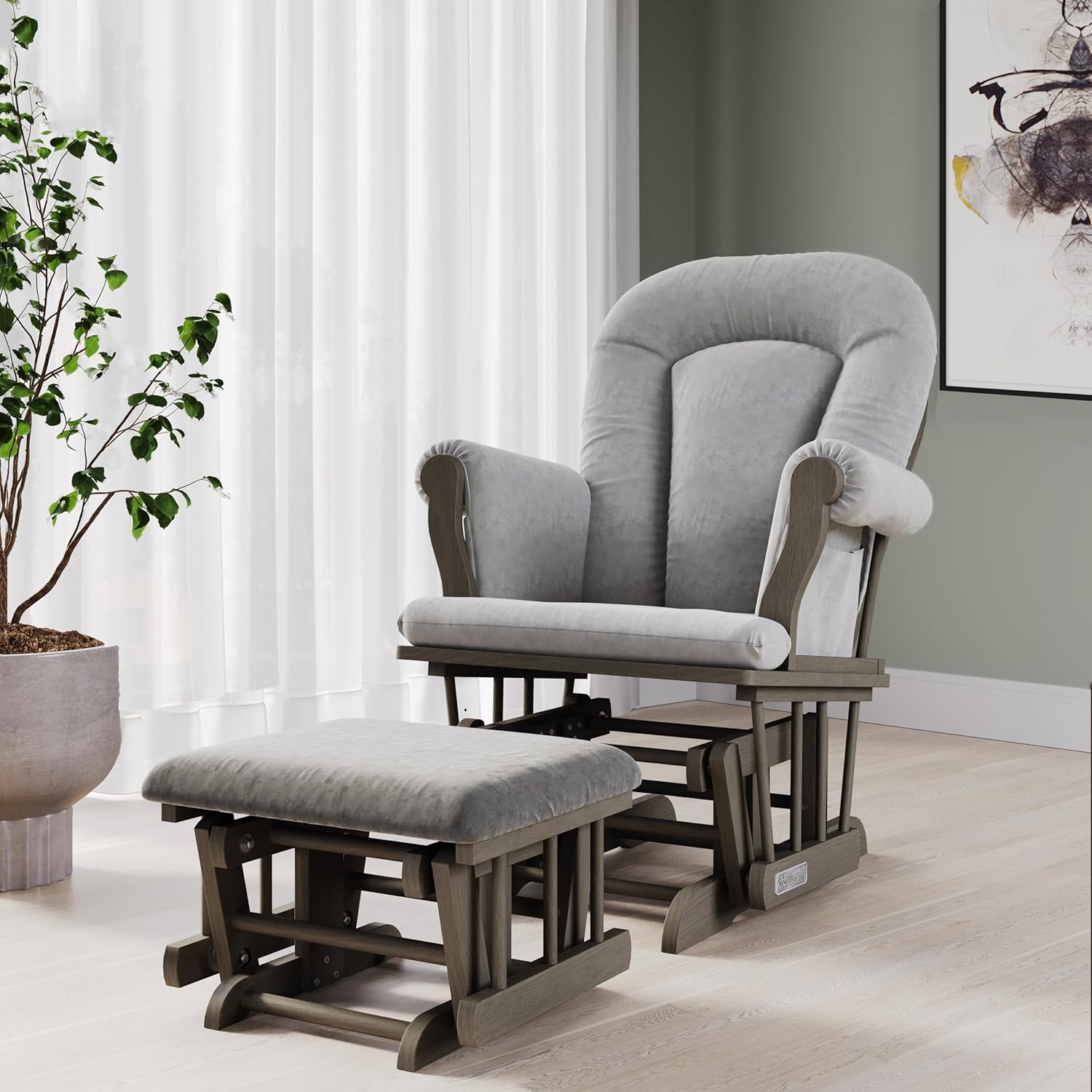 Child Craft Cozy Glider Rocker and Ottoman Set, Smooth Quiet Gliding Motion, Padded Cushion with Convenient Storage Pockets, Solid Wood Base & Frame (Dapper Gray with Light Gray Cushion)
