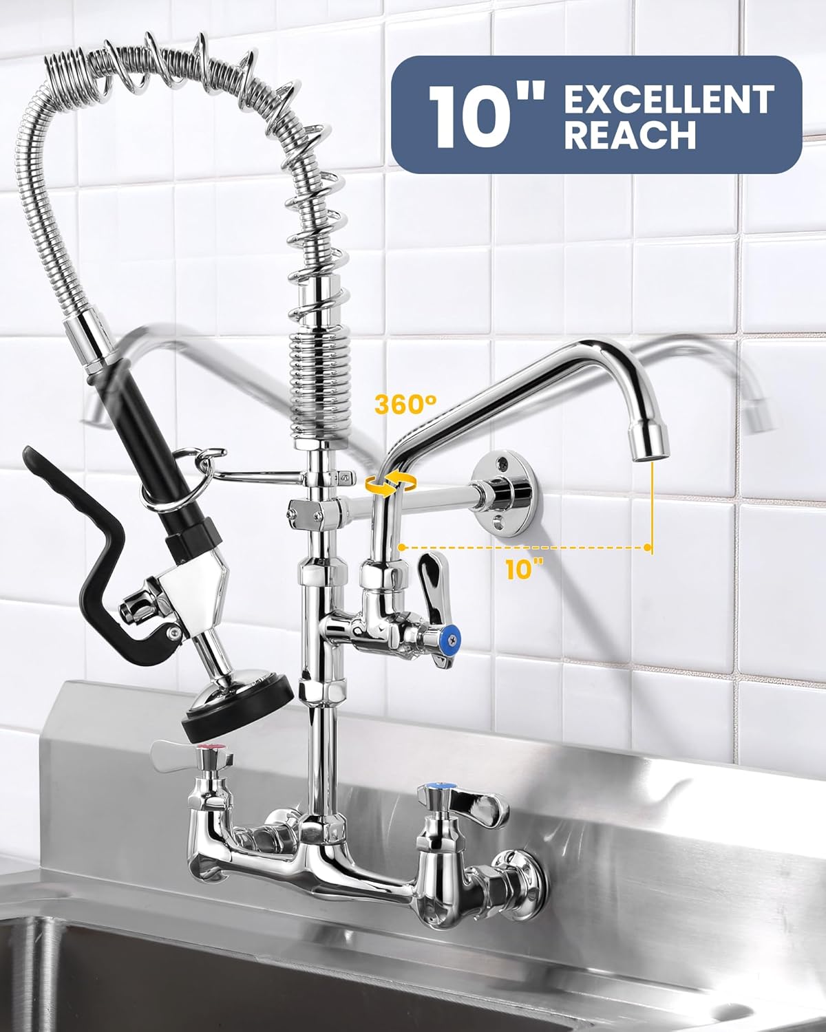 Commercial Kitchen Faucet Wall Mount with Pre-Rinse Sprayer 8 Inch Center Wall Mount Kitchen Sink Faucet with 9.6