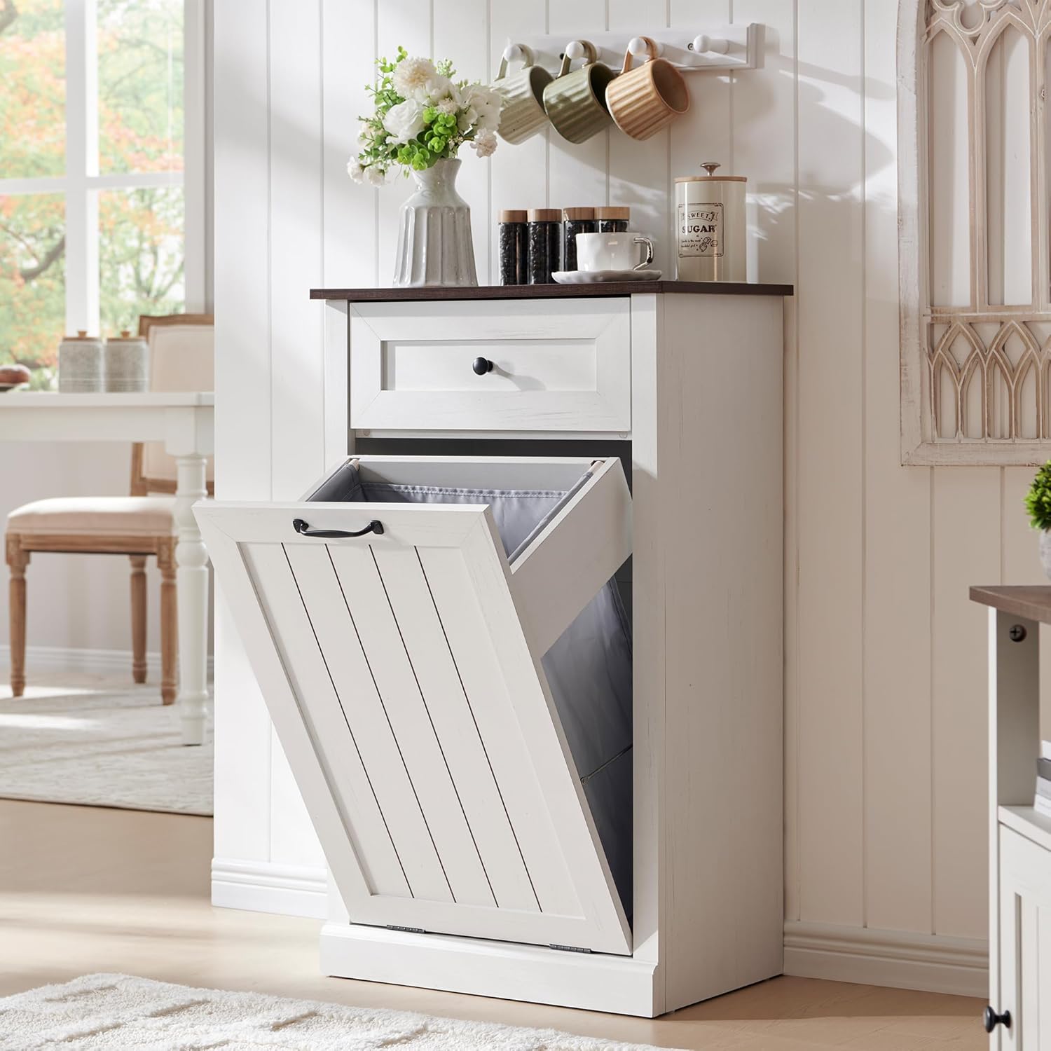 IFGET Tilt Out Trash Can Cabinet, 10 Gallon Farmhouse Laundry Hamper Cabinet with Drawer, Hidden Wooden Trash Garbage Can Bin with Storage Basket for Kitchen, Living Room (Antique White)