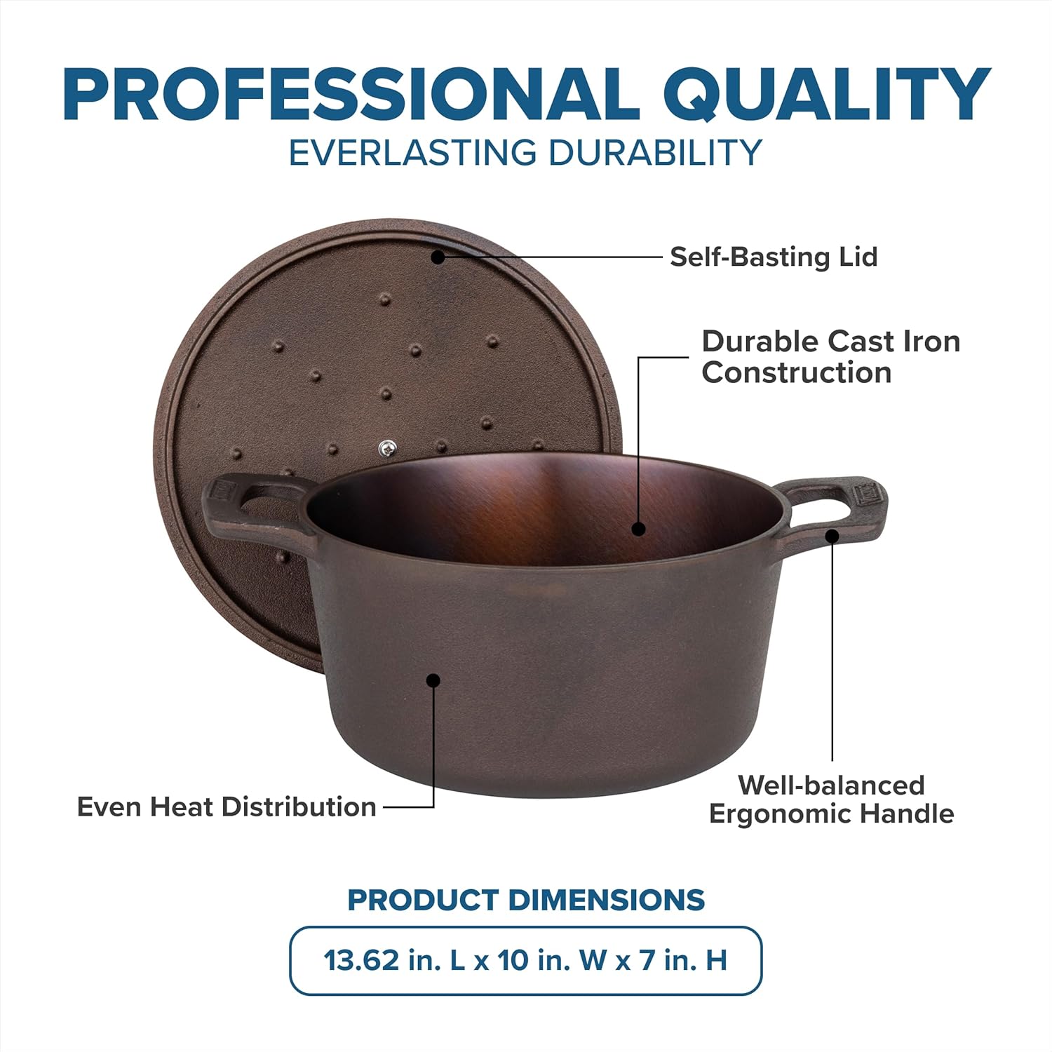 Viking Nonstick 5 Quart Dutch Oven with Self-Basting Lid, Bronze Cast Iron Cookware Pot, Made without PFAS, Induction Compatible, Oven Safe to 500F