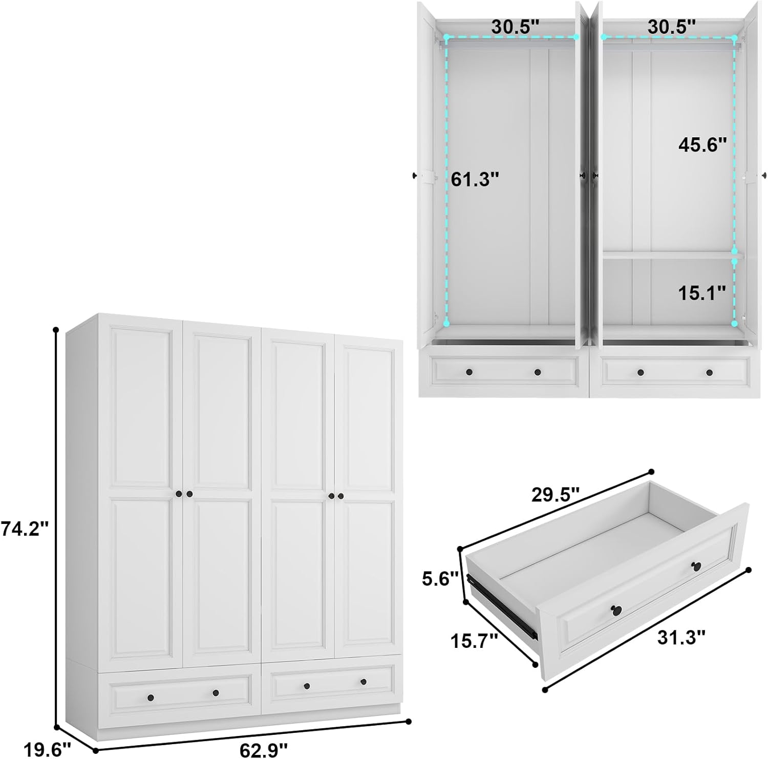 Armoire Wardrobe Closet with Drawers: 74