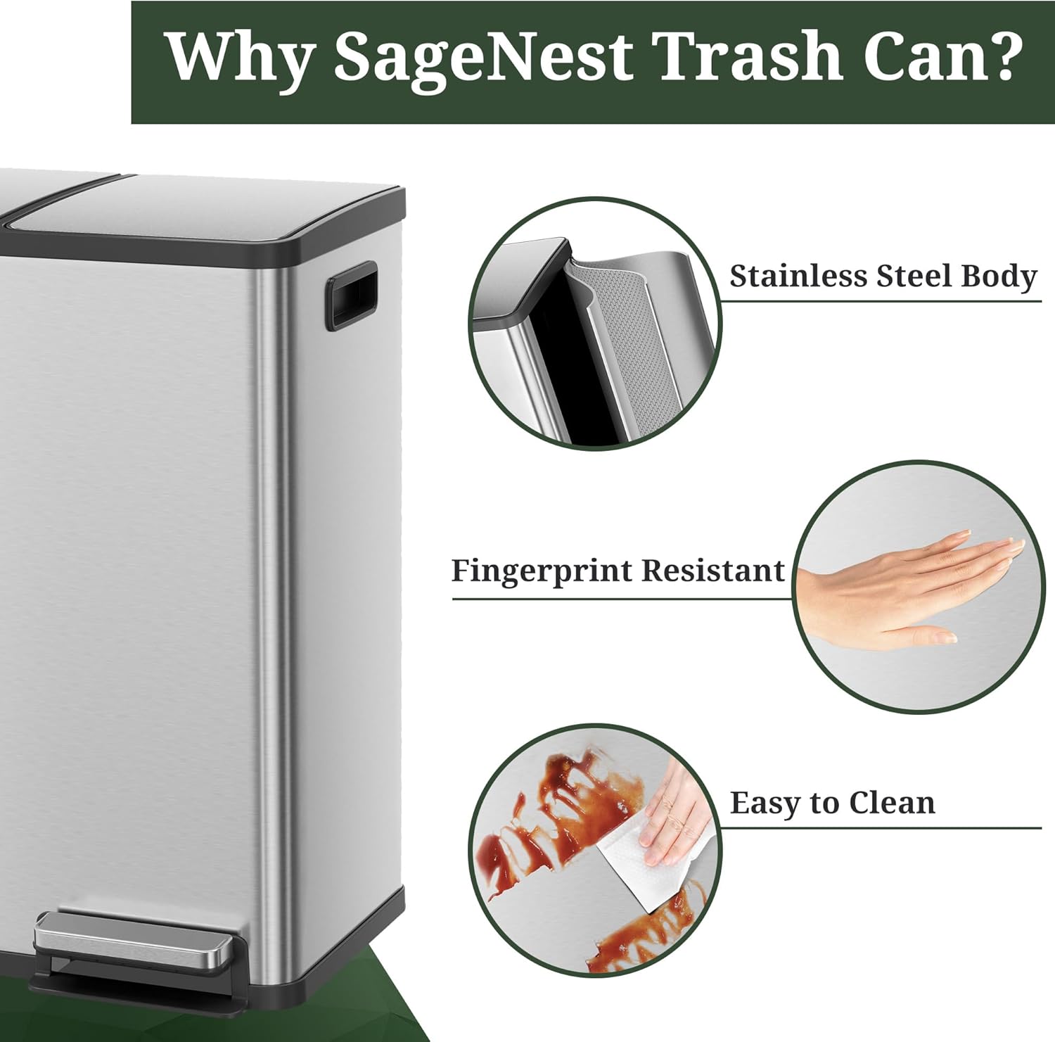 Kitchen Trash Can, 16 Gallon Dual Compartment Garbage Bin with Quiet Close Foot Pedal, Stainless Steel