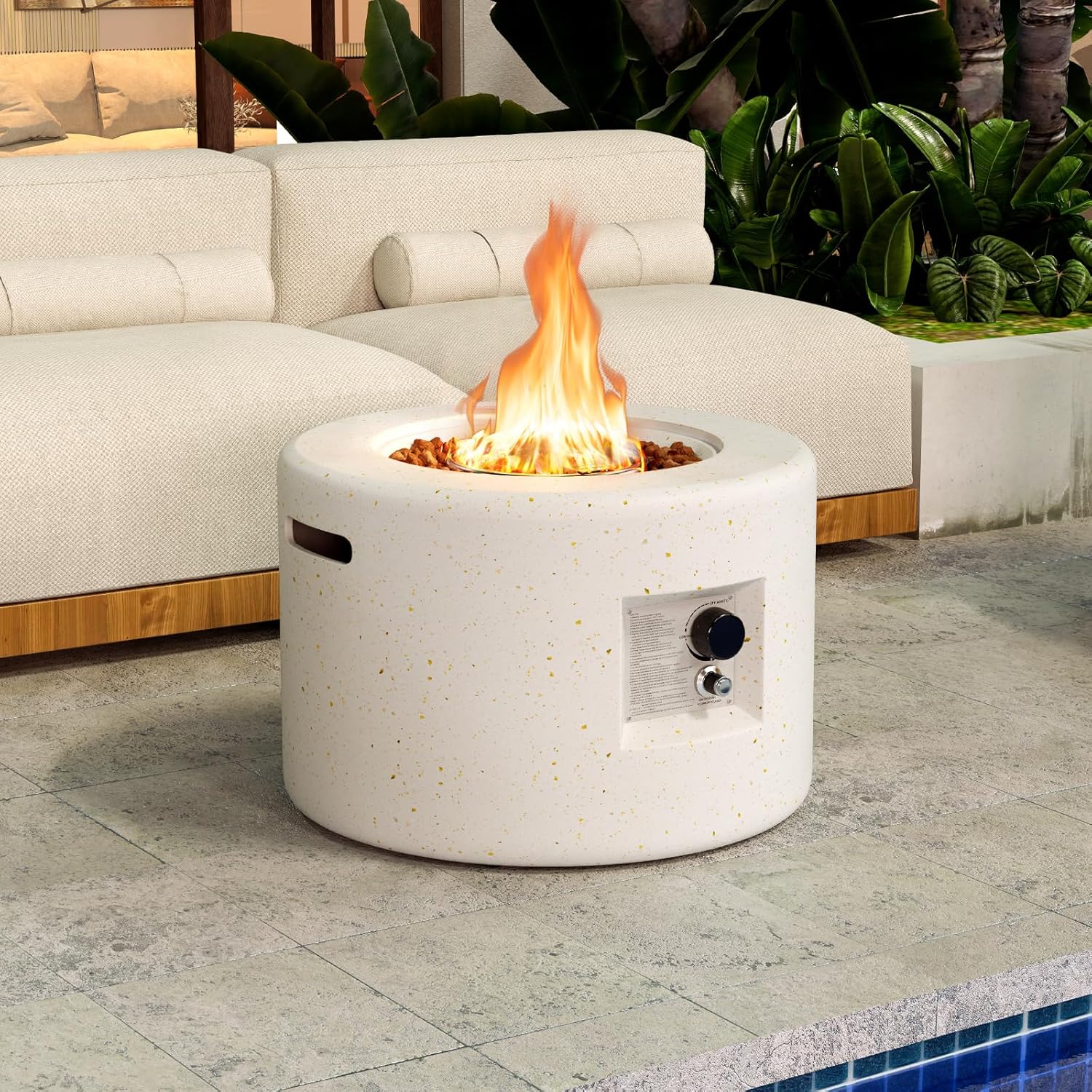 Tangkula Propane Fire Pit Table, 25.5” Round Terrazzo Gas Fire Pit with Stainless Steel Burner & Lava Rocks, Protective Cover & Tank Seat Included, 40,000 BTU Smokeless Fire Pit for Outside Patio