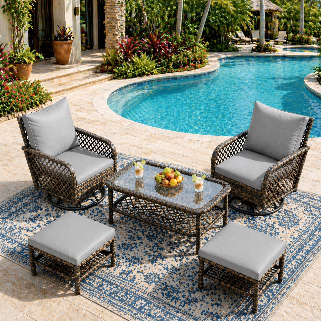 AECOJOY Patio Furniture Set Outdoor Sectional Sofa Couch and High Back Swivel Rocker Patio Chairs 6PCS Brown Wicker Conversation Set (Dark Grey, 5PCS- 2 Ottoman & Central Table & 2 Swivel Glider)
