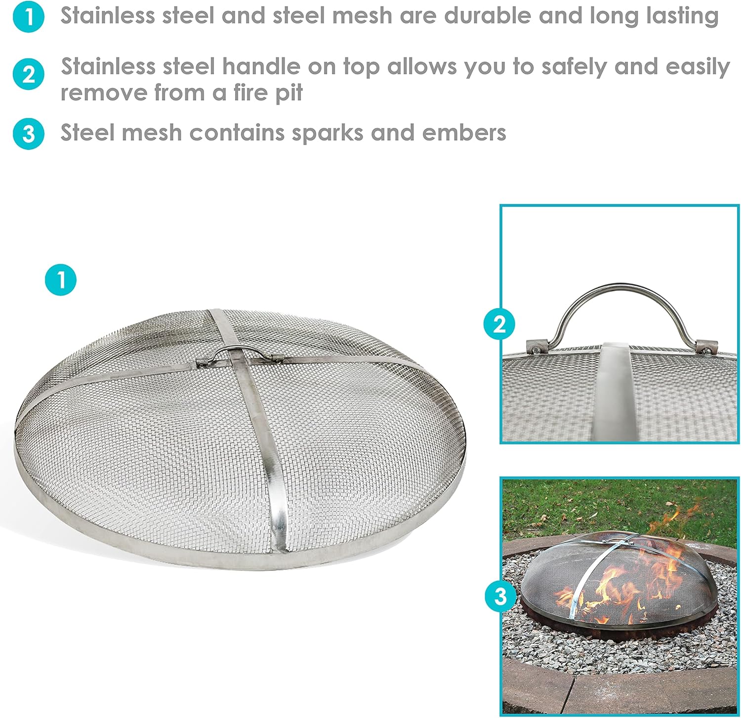 Sunnydaze Round Fire Pit Screen Cover - 30-Inch Stainless Steel Mesh Fire Pit Spark Screen - Spark Lid Top Cover with Handle