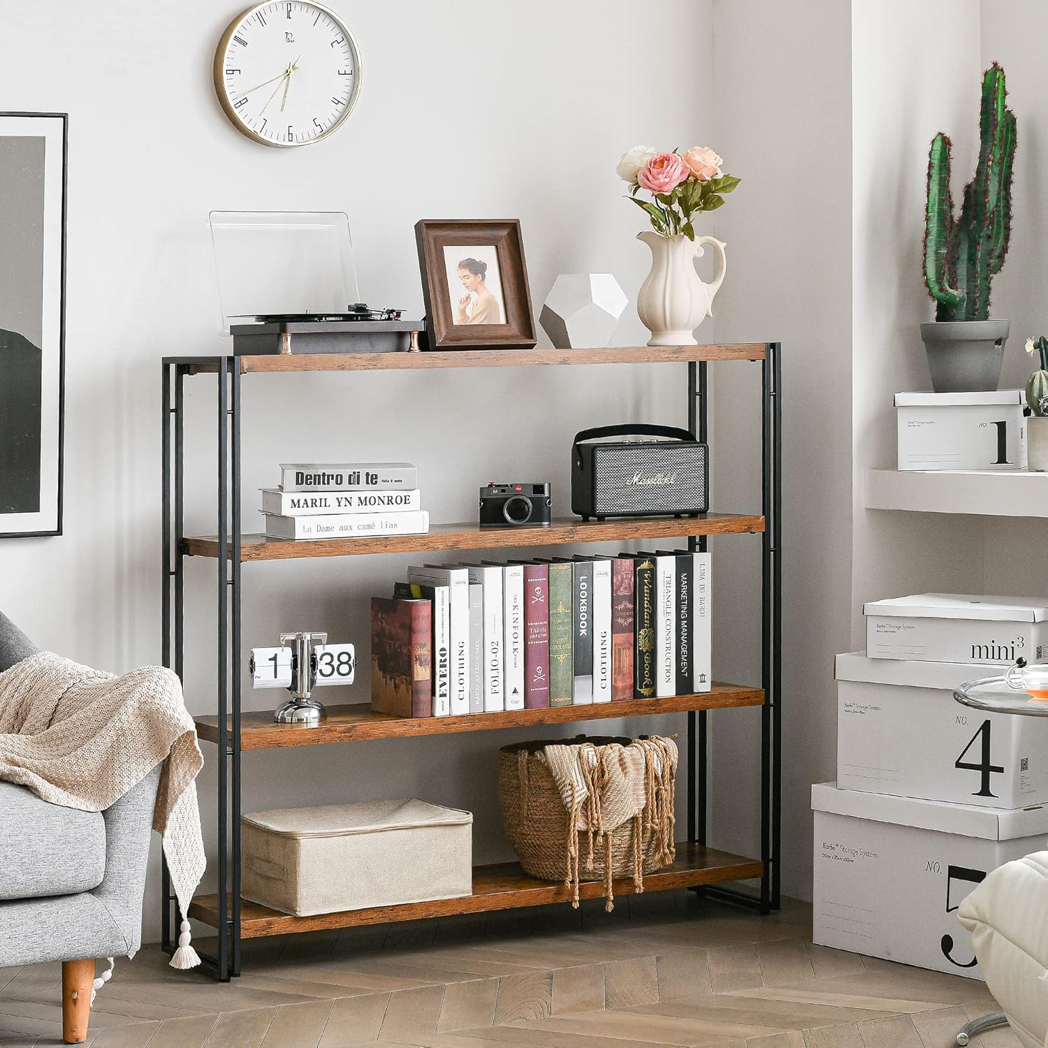 HCHQHS Bookshelf,4-Tier Industrial Bookcase,Rustic Wood and Metal Open Display Book Shelves Home Office,Bedroom Standing Shelf Unit,Horizontal Kitchen Shelf Organizer,Bathroom Storage Rack 47in