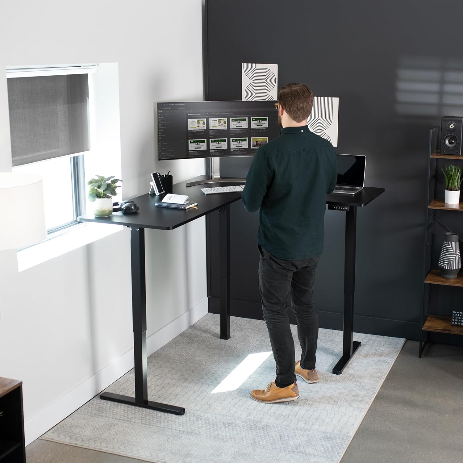 VIVO Corner Standing Desk, 63 x 55 inch Reversible L-Shaped Workstation, Electric Height Adjustment, Home, Office, and Reception Rooms, Black Table Top Black Frame, DESK-E3CTB