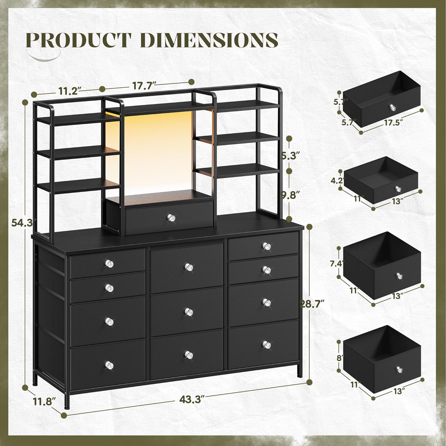 Romorgniz Black Dresser for Bedroom with 12 Drawers & LED Lights, Fabric Dressers & Chests of Drawers with Open Shelves, Vanity Dresser Organizer with Metal Frame Wooden Shelf for Entryway Closet