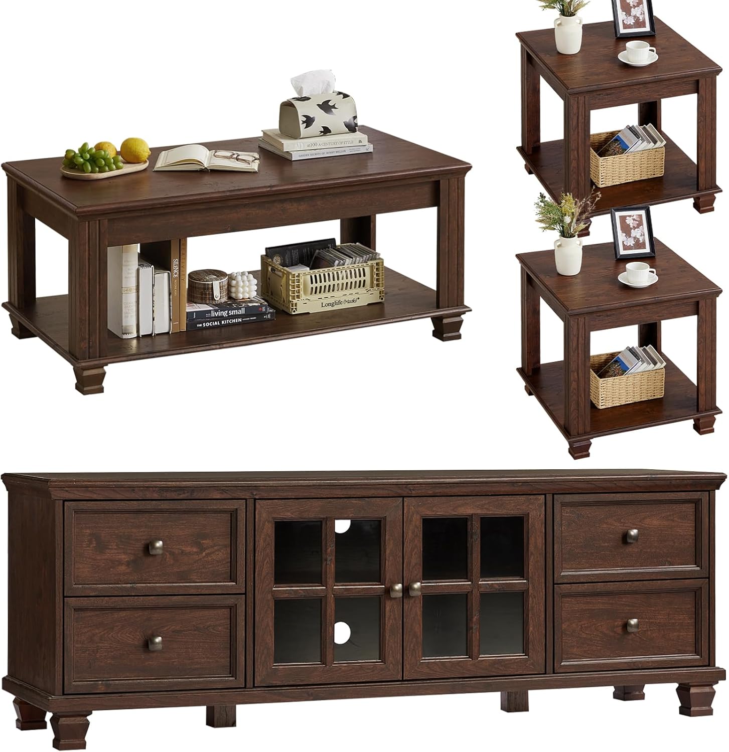 SAVOR LIFE Farmhouse TV Stand and Coffee Table Set 4, Rustic Wood Living Room Table Set with TV Console, Center Table, End Table Set of 2 for Living Room, Walnut