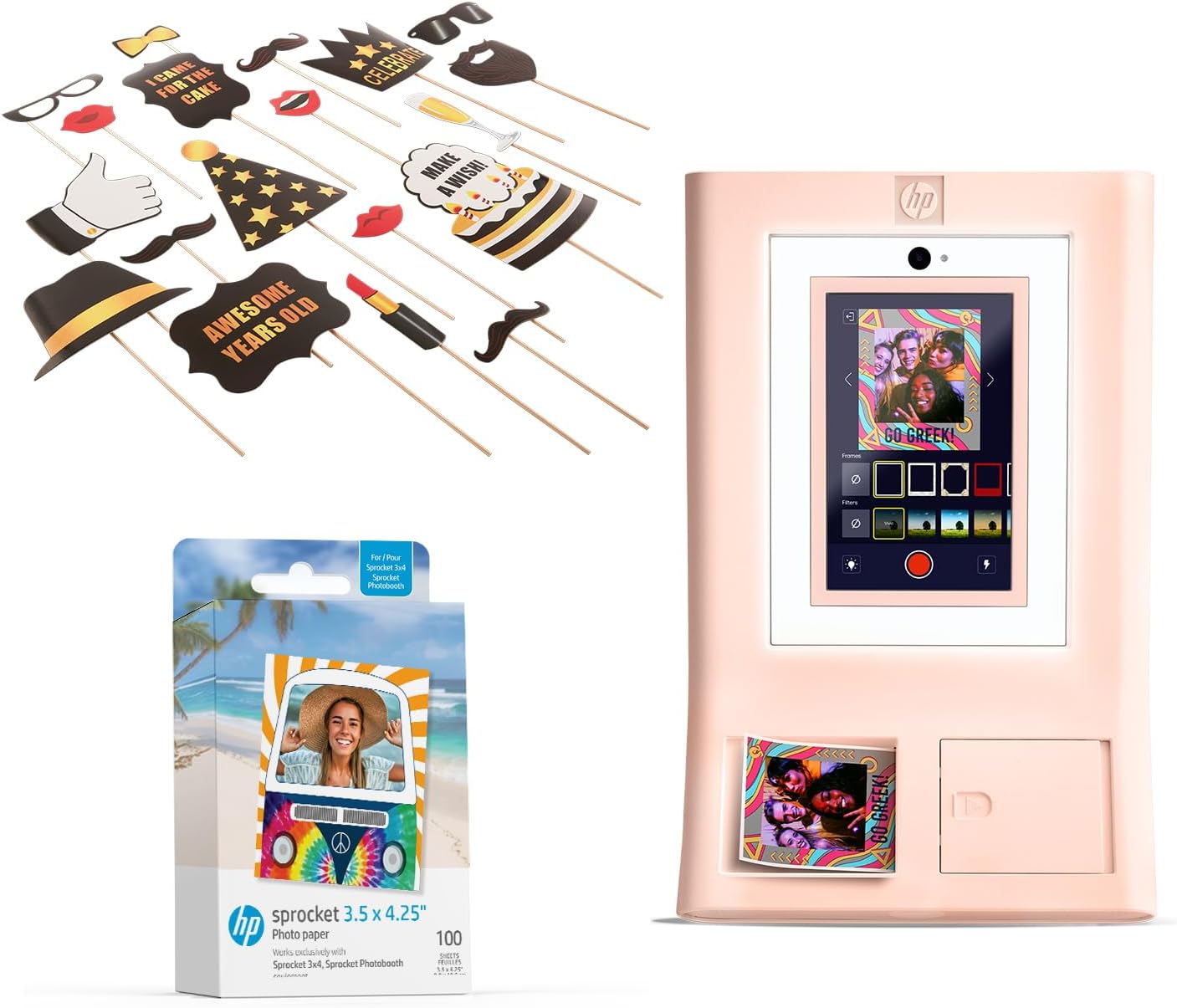 HP Sprocket Photo Booth Machine Instant Color Photo Printer (Pink) + Zink Paper (100 Sheets) + Birthday Party Photo Booth Props (25pc)