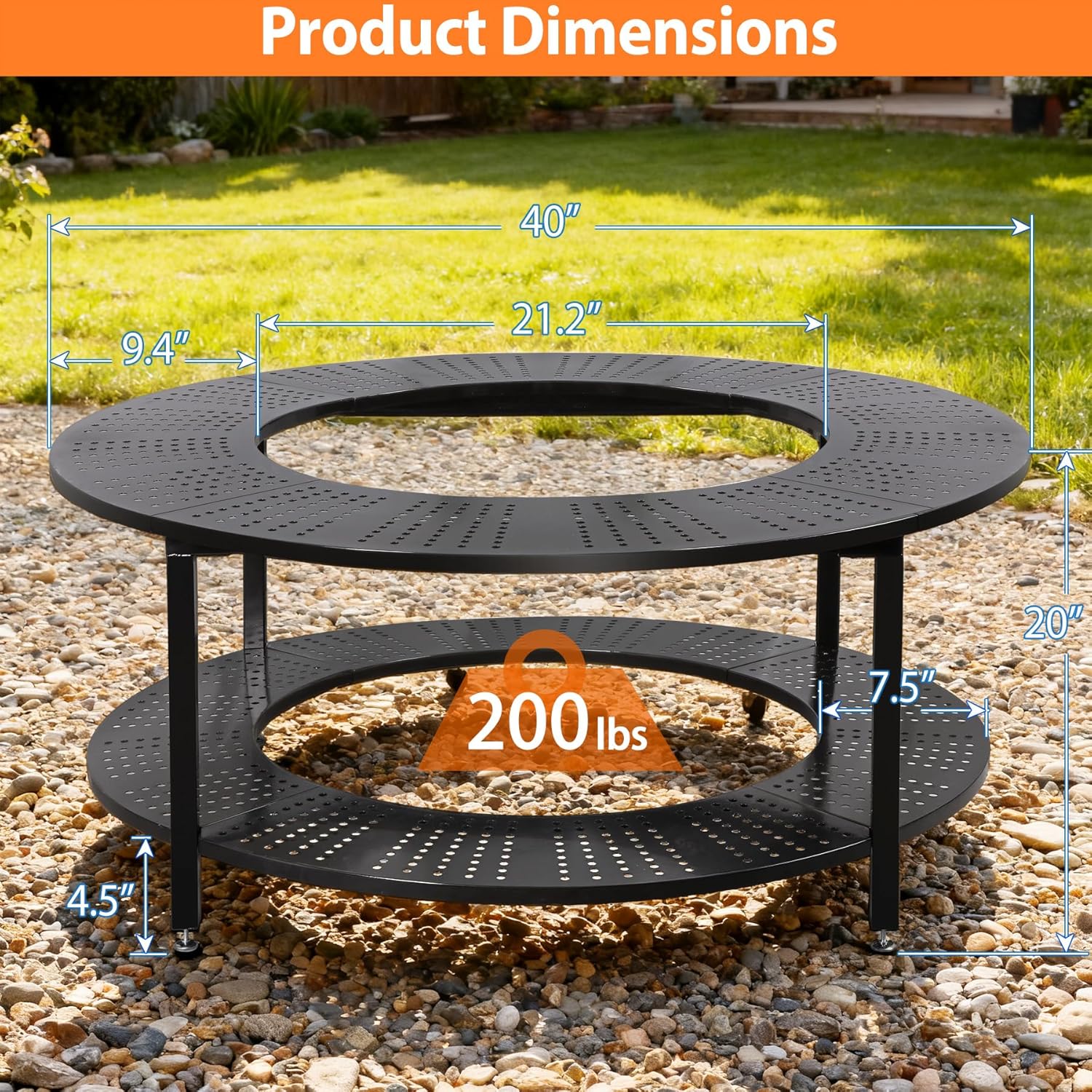40 Inch Compact Fire Pit Surround Tabletop for Solo Stove Ranger & Tiki 20, Outdoor Patio Stand with Firewood Storage Shelf, Heavy Duty Steel, 200LB Capacity