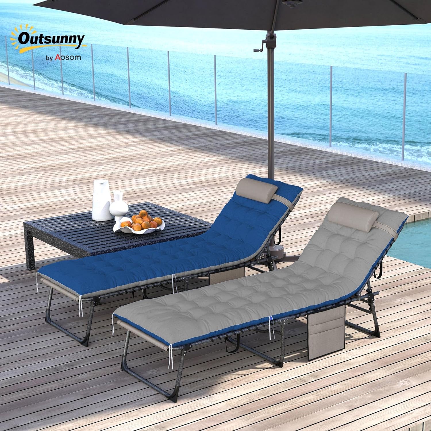 Outsunny Chaise Lounge Chair Outdoor Set of 2, 5-Position Adjustable Outdoor Pool Lounge Chairs, Folding Tanning Chair Beach Lounger with Cushion, Headrest, Side Pocket for Patio, Yard, Brown/Blue