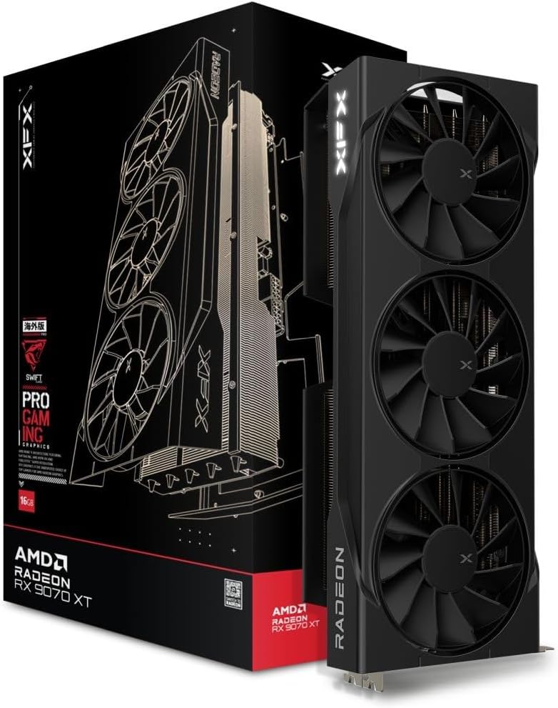 XFX Swift AMD Radeon RX 9070 XT Triple Fan Gaming Edition with 16GB GDDR6 HDMI 3xDP, RDNA 4 RX-97TSWF3B9, Graphics Card, Compatible with Desktop PCs