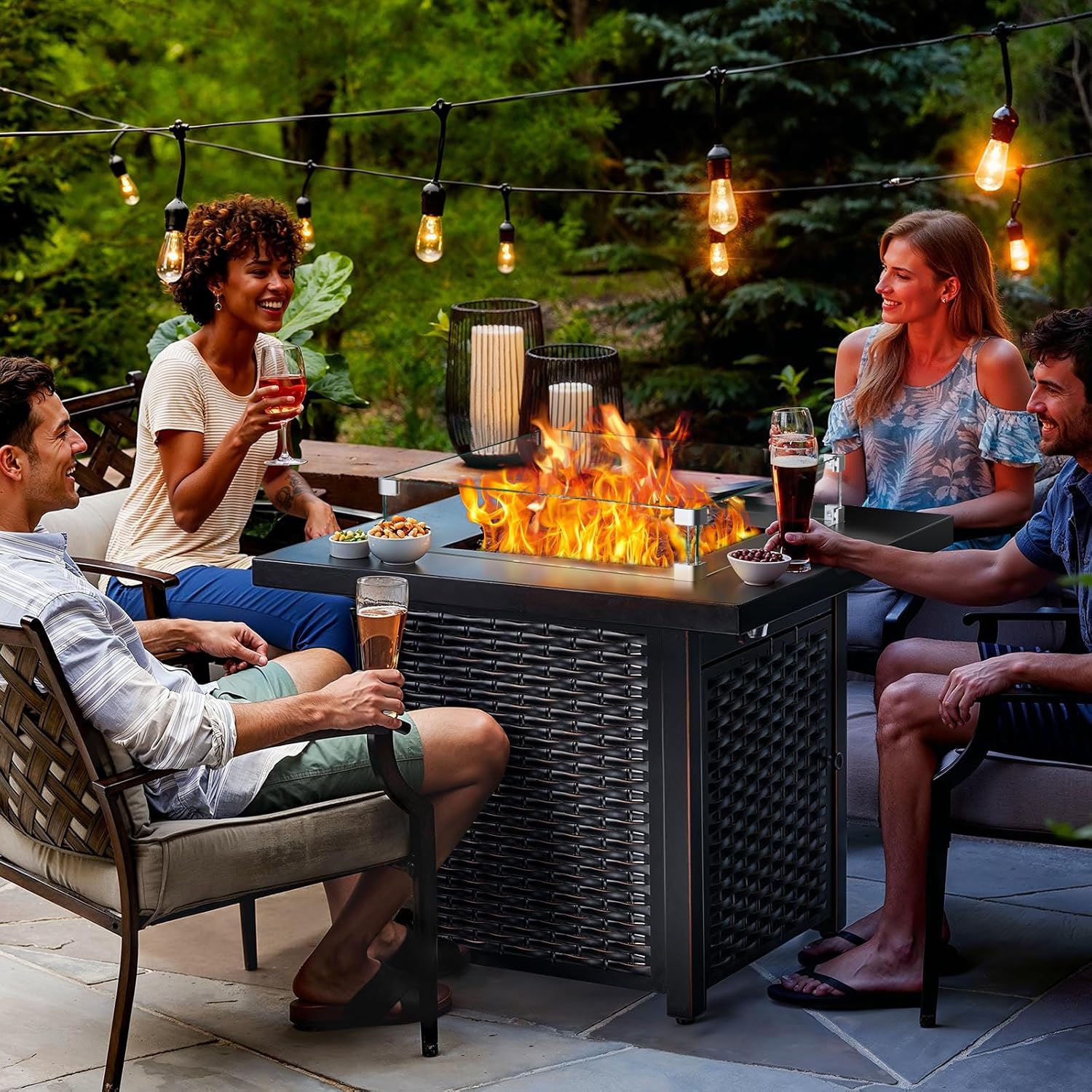 Ciays Propane Fire Pit, 28″ Outdoor Gas Fire Pit, 50,000 BTU Steel Fire Table with Glass Wind Guard, Lid & Lava Rock, Add Warmth and Ambience to Gatherings On Patio Deck Garden (2 Packages)