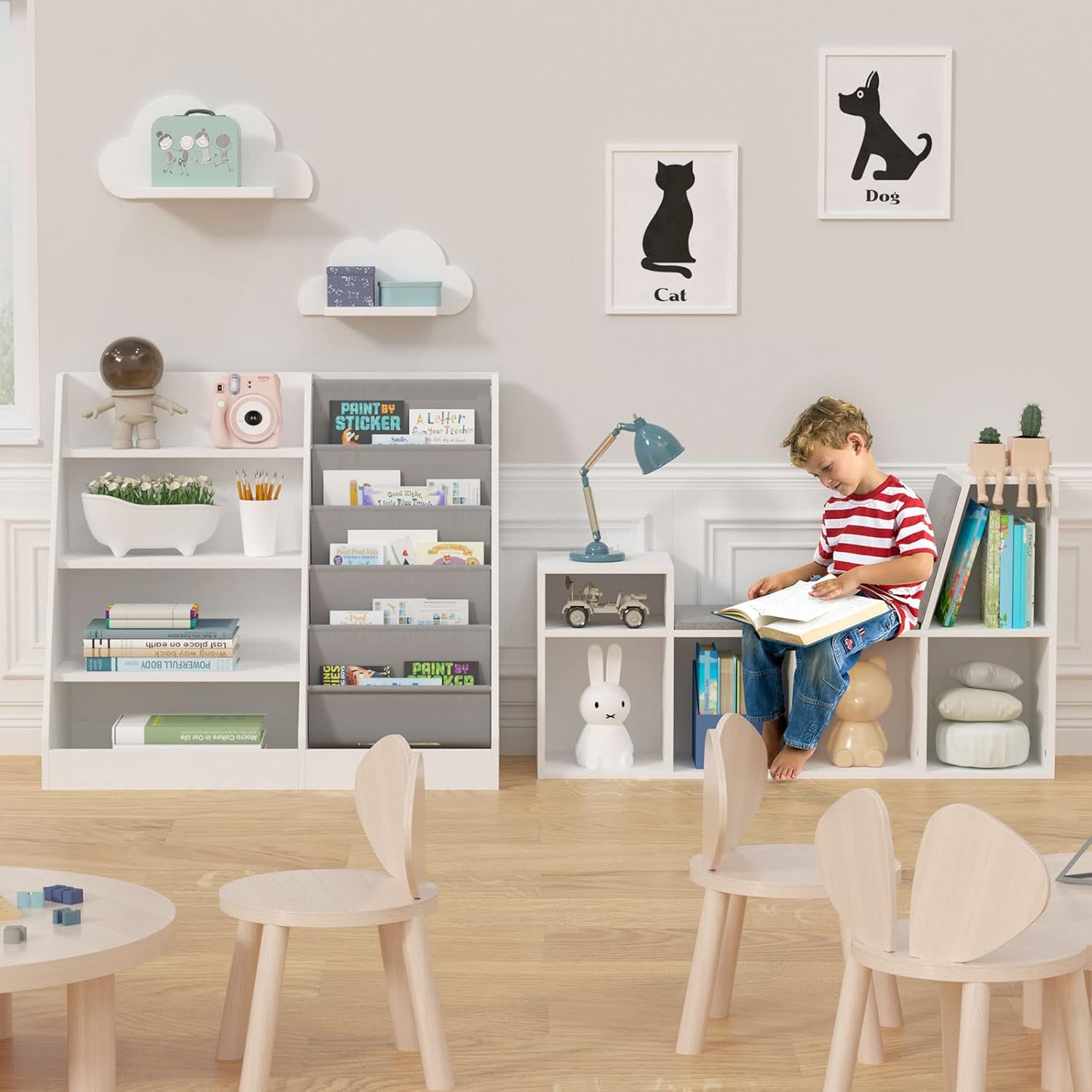 HedoAjim 4 Tier Kids Wooden Bookshelf, 5 Layer Sling Toddler Bookcase,Baby Storage Book Rack,Book and Toy Organizer Cabinet,Children Book Display,Playroom Nursery Classroom Kid Room