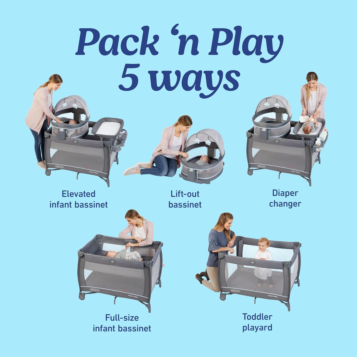 Graco® Pack n Play Dome LX Playard with Baby Bassinet Lightweight Portable Crib Push-Button Fold Travel Crib Redmond Convertible
