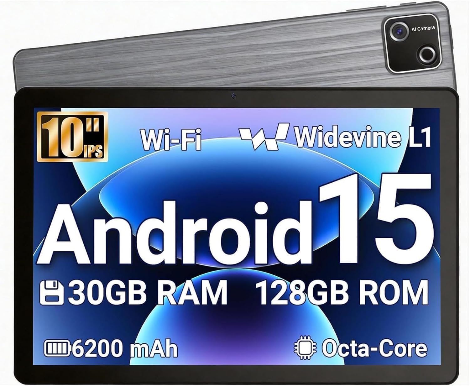 Evermyth Tablet, 10 Inch Android 15 Tablet, 30GB RAM 128GB ROM 2TB Expand, 6200mAh Fast Charging, Octa-Core Processor, 1280x800 HD IPS Screen, Dual Camera, WiFi 6, BT 5.4（Gray）