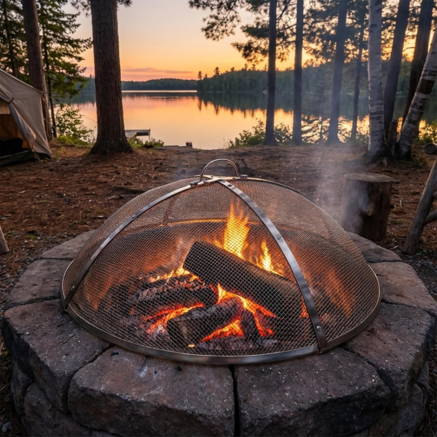 Sunnydaze Round Stainless Steel Spark Screen - Rust-Resistant Heavy-Duty Metal Fire Pit Spark Screen with Handle - 30