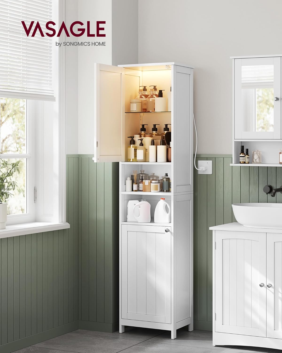 VASAGLE Tall Bathroom Cabinet with Lights, Slim Freestanding Bathroom Storage Cabinet with Adjustable Shelves, for Small Spaces, Modern, 15.7 Inches Wide, Cloud White UBBC766W02