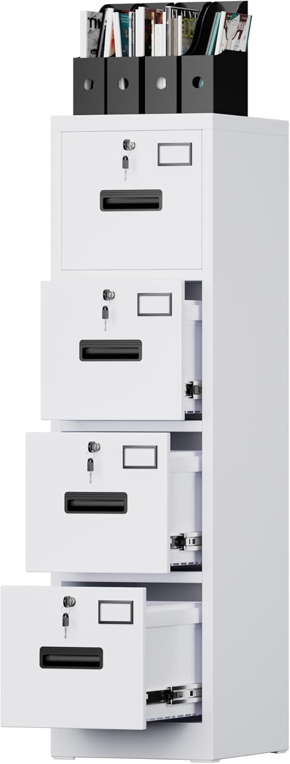 4 Drawer File Cabinet with Lock,White Metal Filing Cabinet for Home Office,Vertical Steel Storage Cabinet with Keys for Letter/A4 Size,14.96