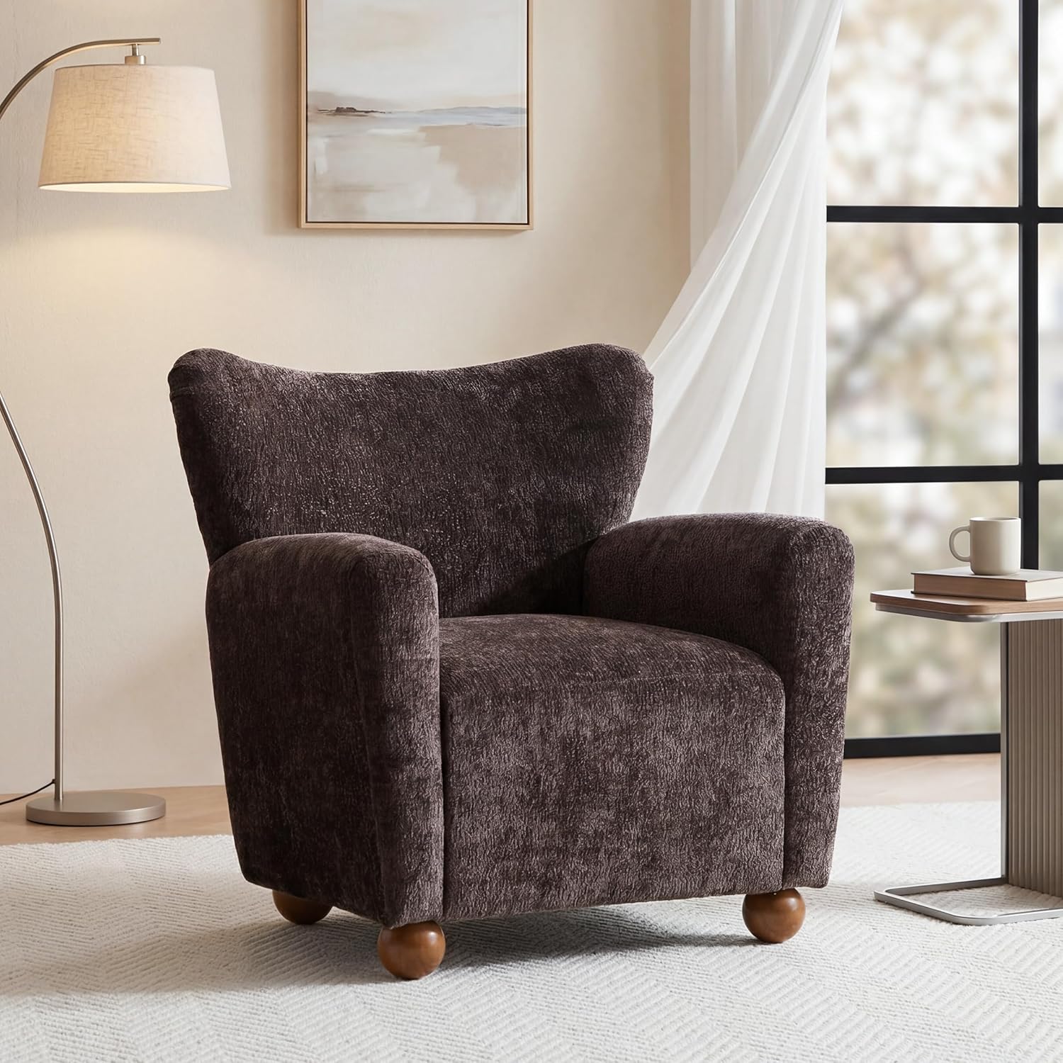 Merax Accent Chair Wingback Upholstered Armchair, Fabric Lounge Chair with Solid Wood Legs, Comfy Reading Chair for Living Room Bedroom Office, Dark Brown
