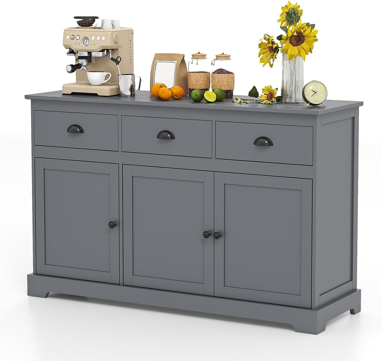COSTWAY Sideboard Buffet Cabinet with Storage, Modern Coffee Bar Station with Drawers, Doors and Adjustable Shelves, Wooden Kitchen Storage Cabinet for Room (Gray)