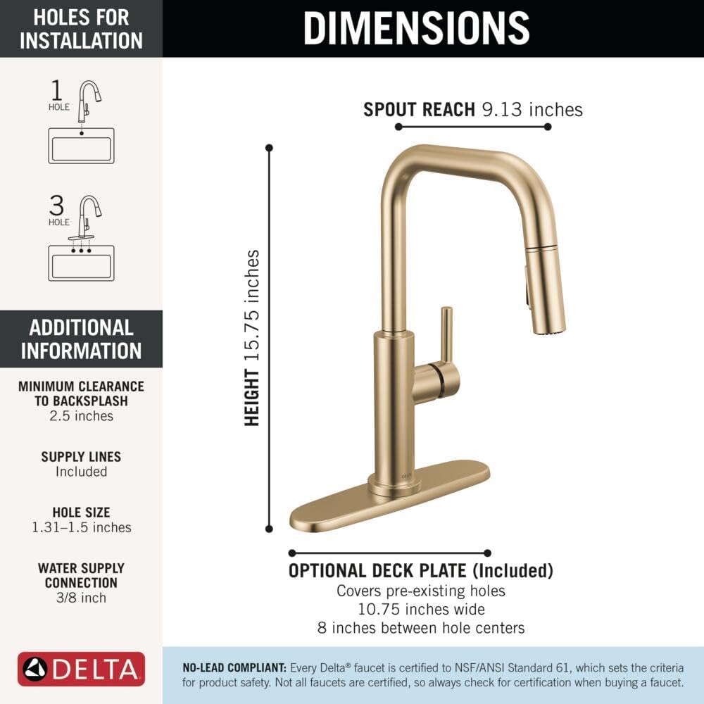 Delta Faucet Nicoli U-Spout Kitchen Faucet with Pull Down Sprayer, Champagne Gold Kitchen Sink Faucet, Modern Kitchen Faucet, Single Hole Kitchen Faucet, Champagne Bronze 19868LF-CZ