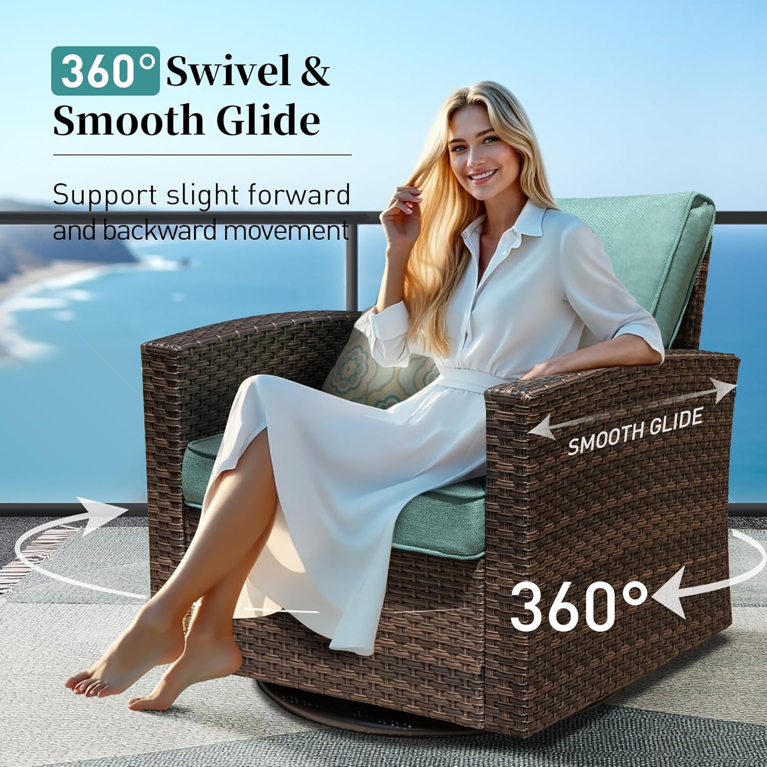 SUNSHINE VALLEY 4-Piece Patio Furniture Set with Swivel Chairs, Rattan Wicker Outdoor Furniture with 2 Swivel Glider Chairs and 2 Ottomans, Outdoor Lounge for Small Patio, All-Weather Design, Blue