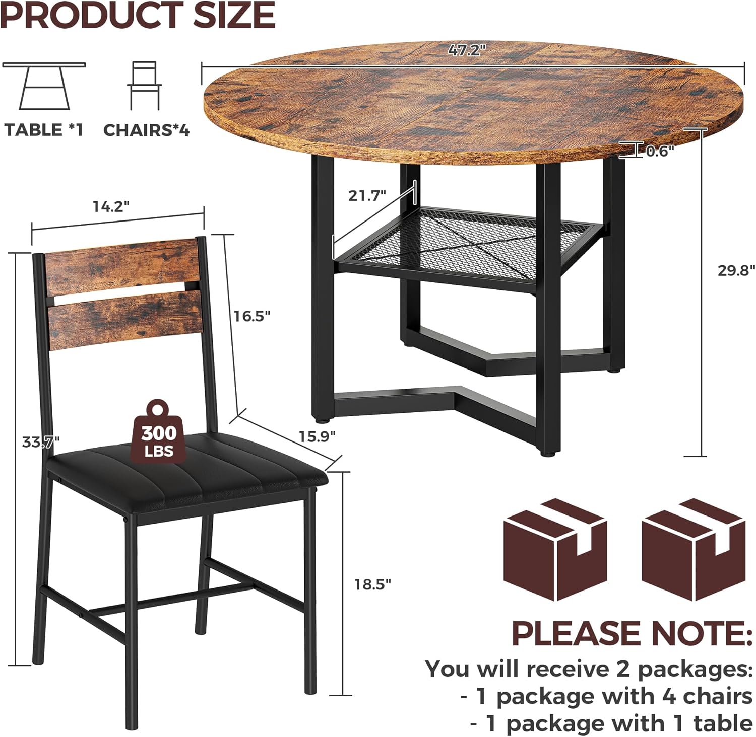 IRONCK Round Dining Table Set for 4, Dining Room Table Set with 4 Chairs, 47.2'' Dinner Table with Wooden Tabletop and Metal Base, 5-Piece Kitchen Table and Chairs, Rustic Brown