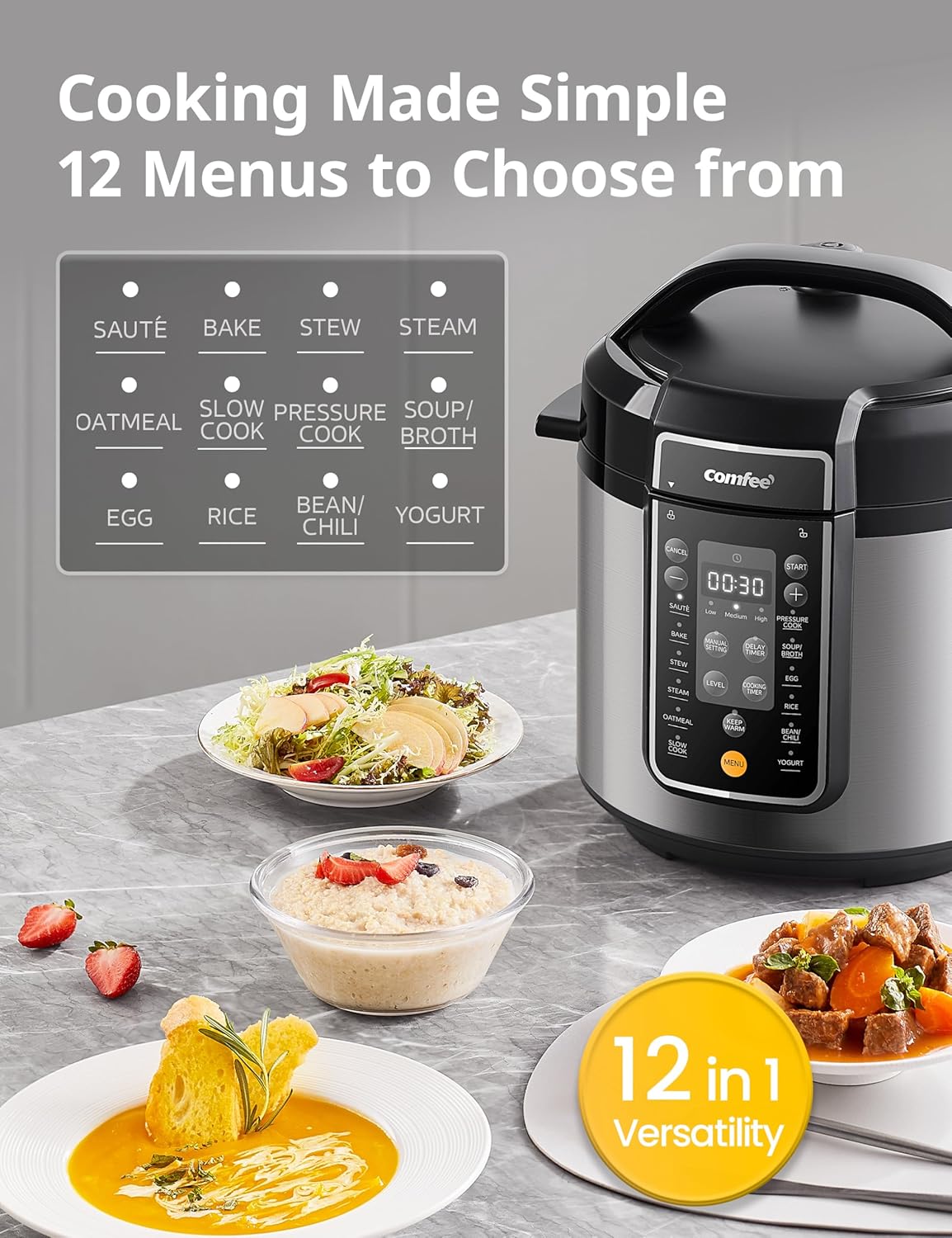 COMFEE' Pressure Cooker 6 Quart with 13 Cooking Functions, Olla de Presion Non-Stick Pot Yogurt Maker Rice Cooker Slow Cooker Sauté Steamer, Healthy Ceramic Inner Pot