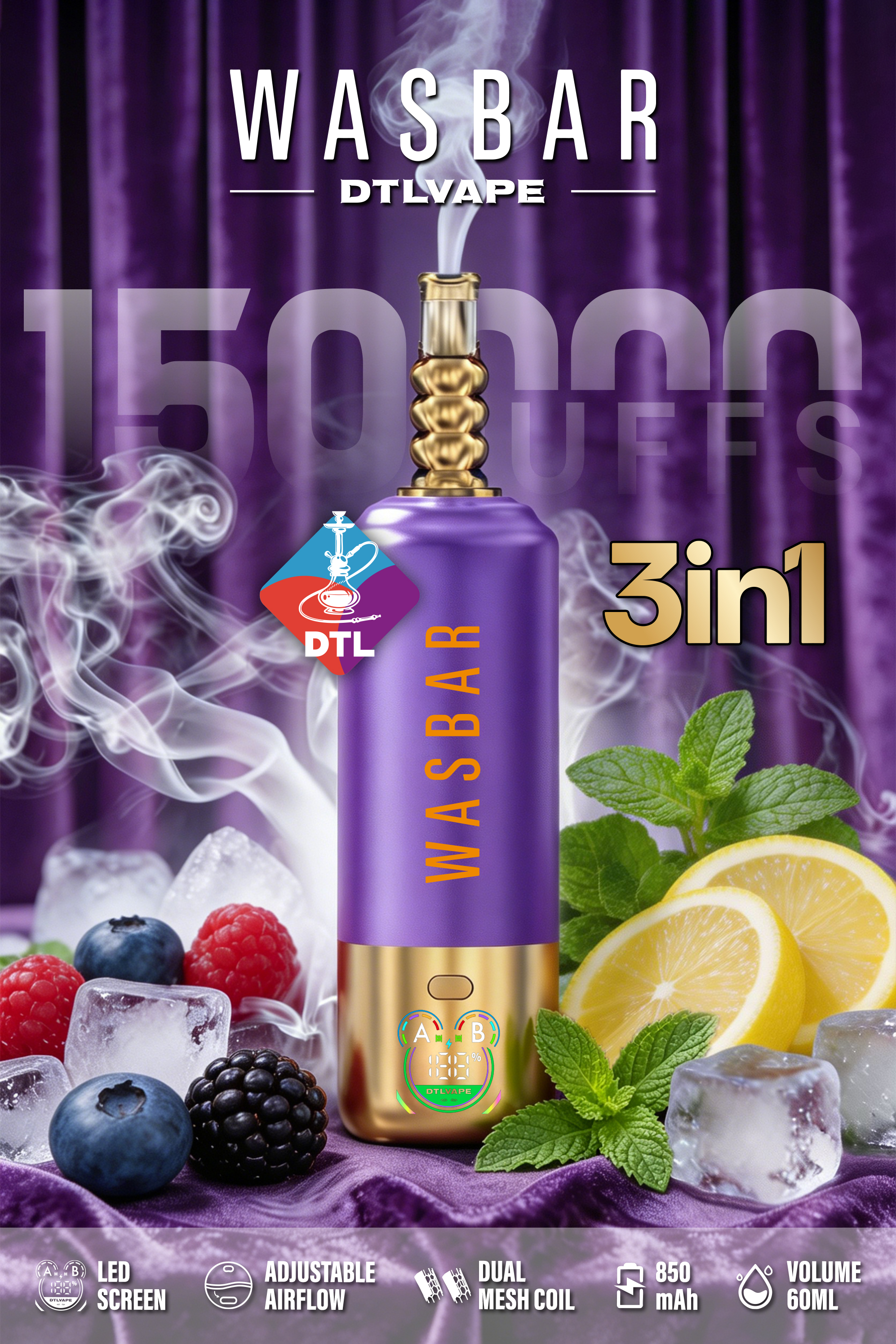 Wasbar 3 In 1 150000 Puffs 150K Disposable Vape DTL E-cigarettes