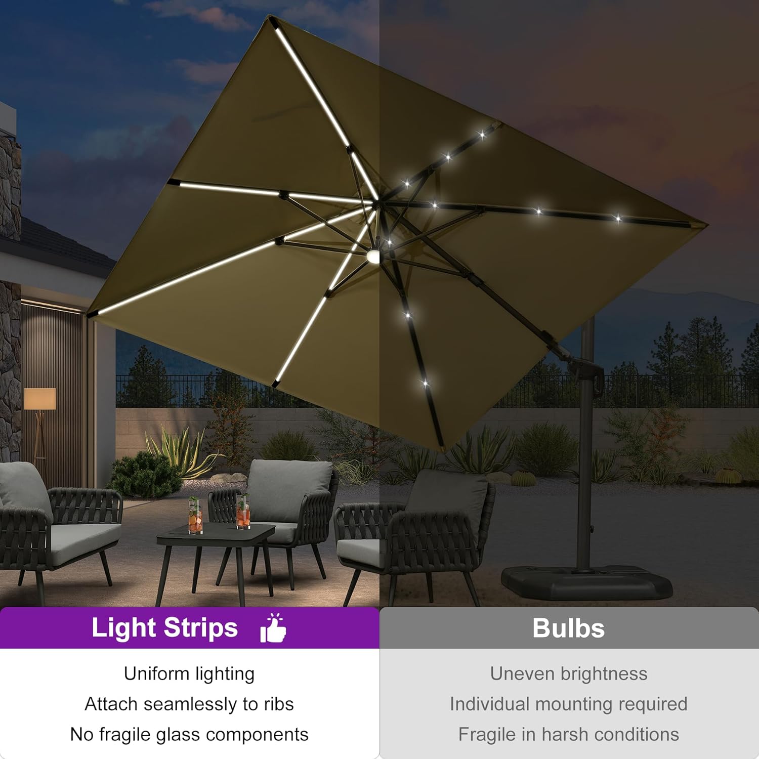 PURPLE LEAF 10 Feet Patio Umbrella with Base Outdoor Cantilever Solar Powered LED Swivel Square Umbrella Aluminum Offset Umbrella with 360-degree Rotation for Garden Deck Pool Patio, Beige