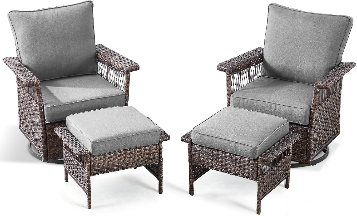 Outdoor Swivel Glider Chairs - 4 Pieces Hollow Widen Armrests Wicker Patio Furniture Set with Ottomans, High Back Outside Swivel Rocker for Balcony Porch Deck and Yard - Brown/Gray