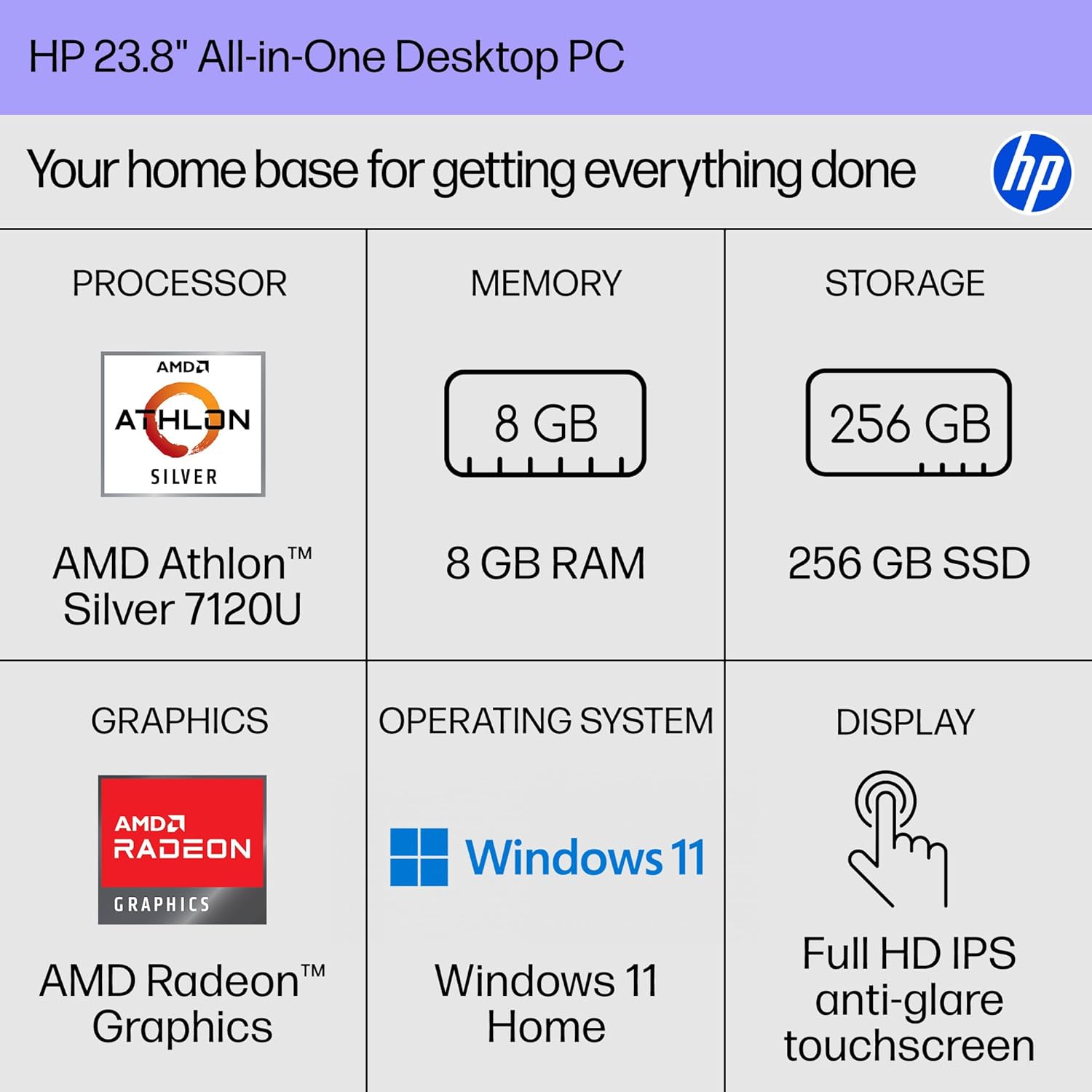 HP 23.8 inch All-in-One Desktop PC, FHD Touchscreen, AMD Athlon Silver 7120U, 8 GB RAM, 256 GB SSD, AMD Radeon Graphics, Windows 11 Home, Shell White, 24- cr0210 (2025)