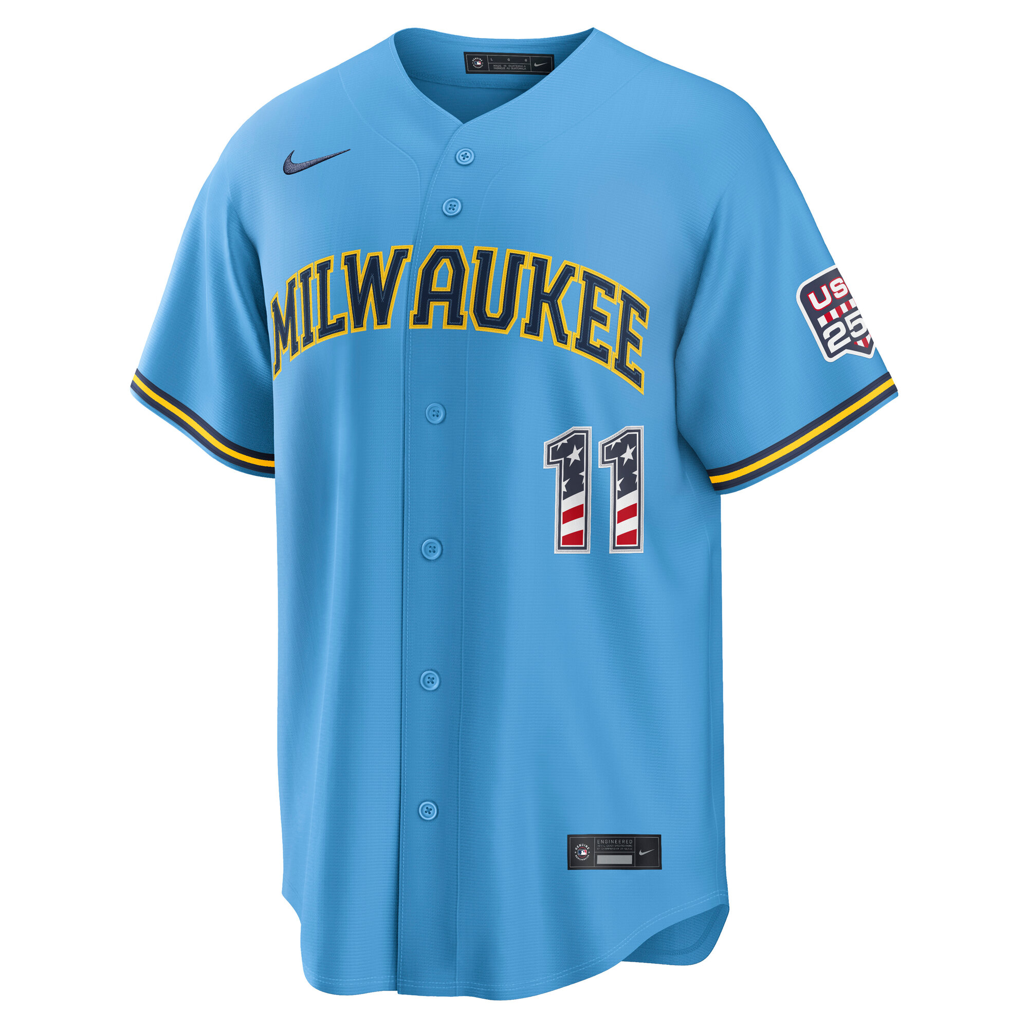 Fourth of July Milwaukee Brewers Jackson Chourio Nike Light Blue USA 250 Stadium Jersey