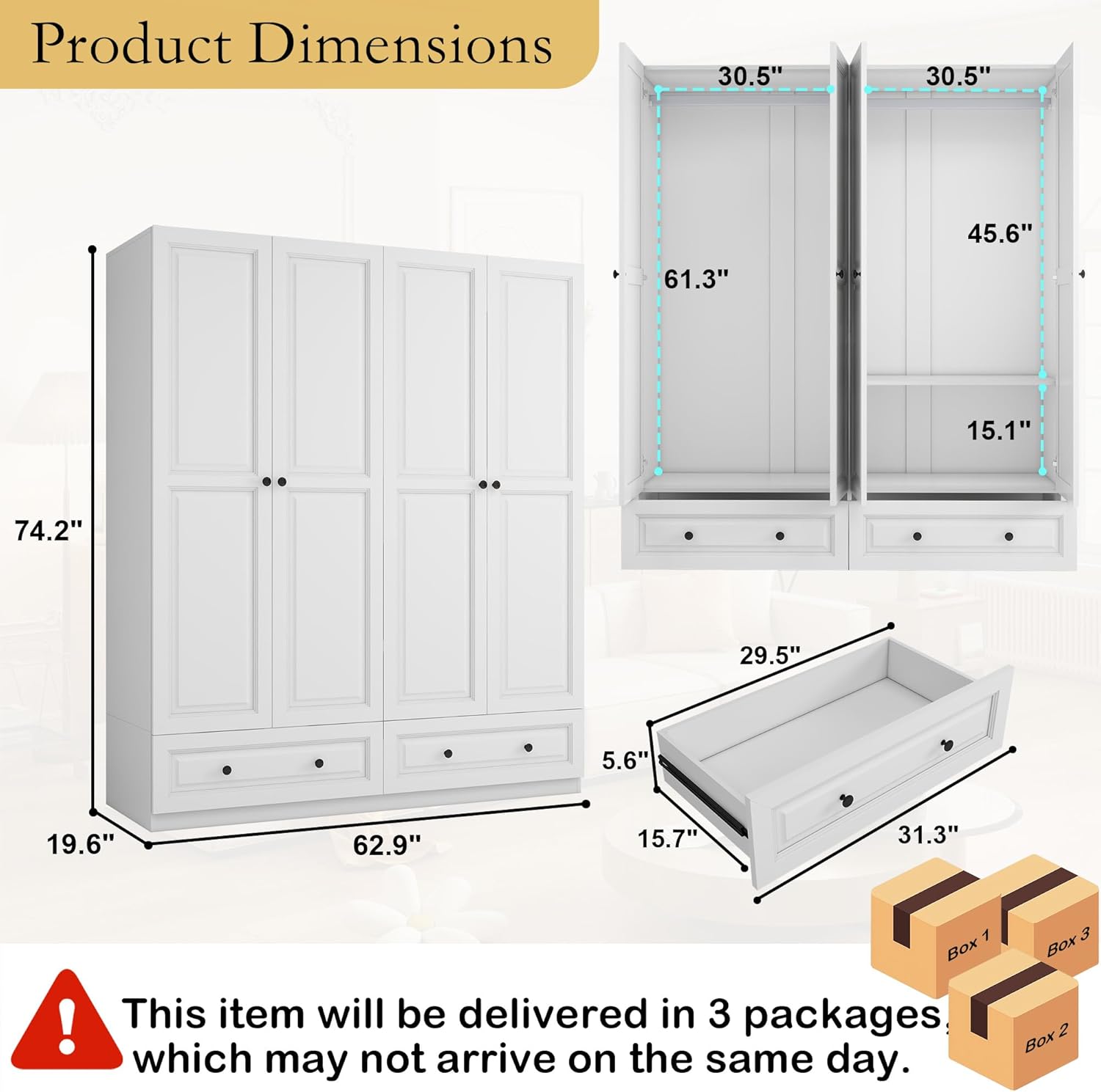 Armoire Wardrobe Closet with Drawers: 63
