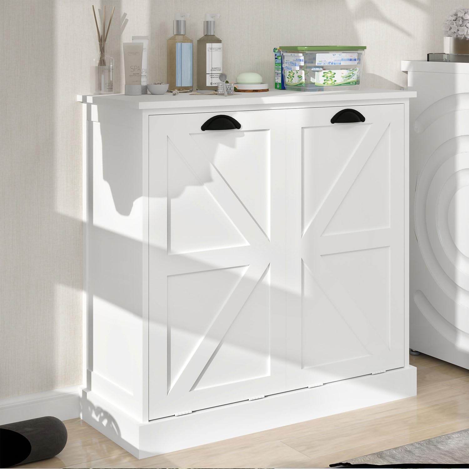 Bathroom Laundry Cabinet with 2 Baskets, Double Tilt Out Laundry Hamper Cabinet with Hidden Laundry Hampers, Freestanding Wooden Storage for Bathroom, Laundry Room, Kitchen