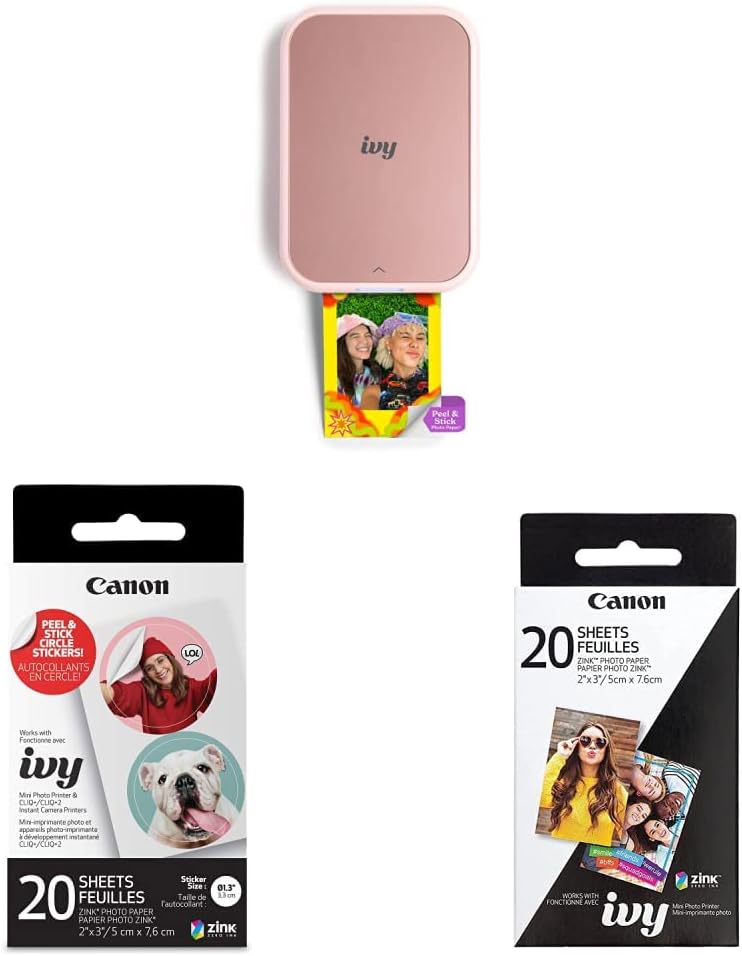 Canon Ivy 2 Mini Photo Printer, Print from Compatible iOS & Android Devices, Sticky-Back Prints, Blush Pink and Canon Zink Photo Paper Pack, 20 sheets, White, 2