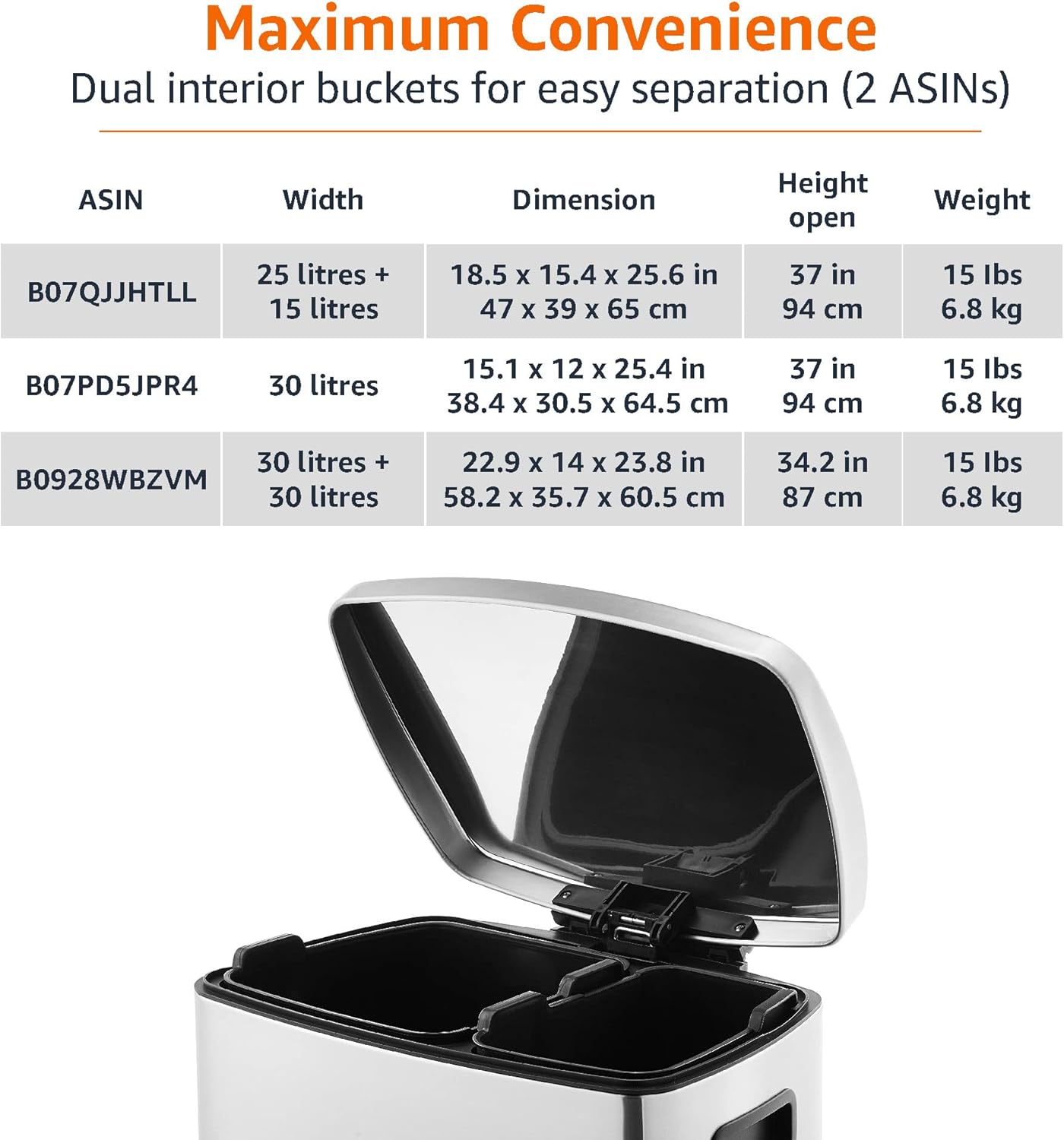 Amazon Basics Dual Compartment Recycling Trash Can with Soft-Close Lid, Fingerprint Resistant, Removable Liner Buckets, 60 Liters, Rectangular, Grey, Silver