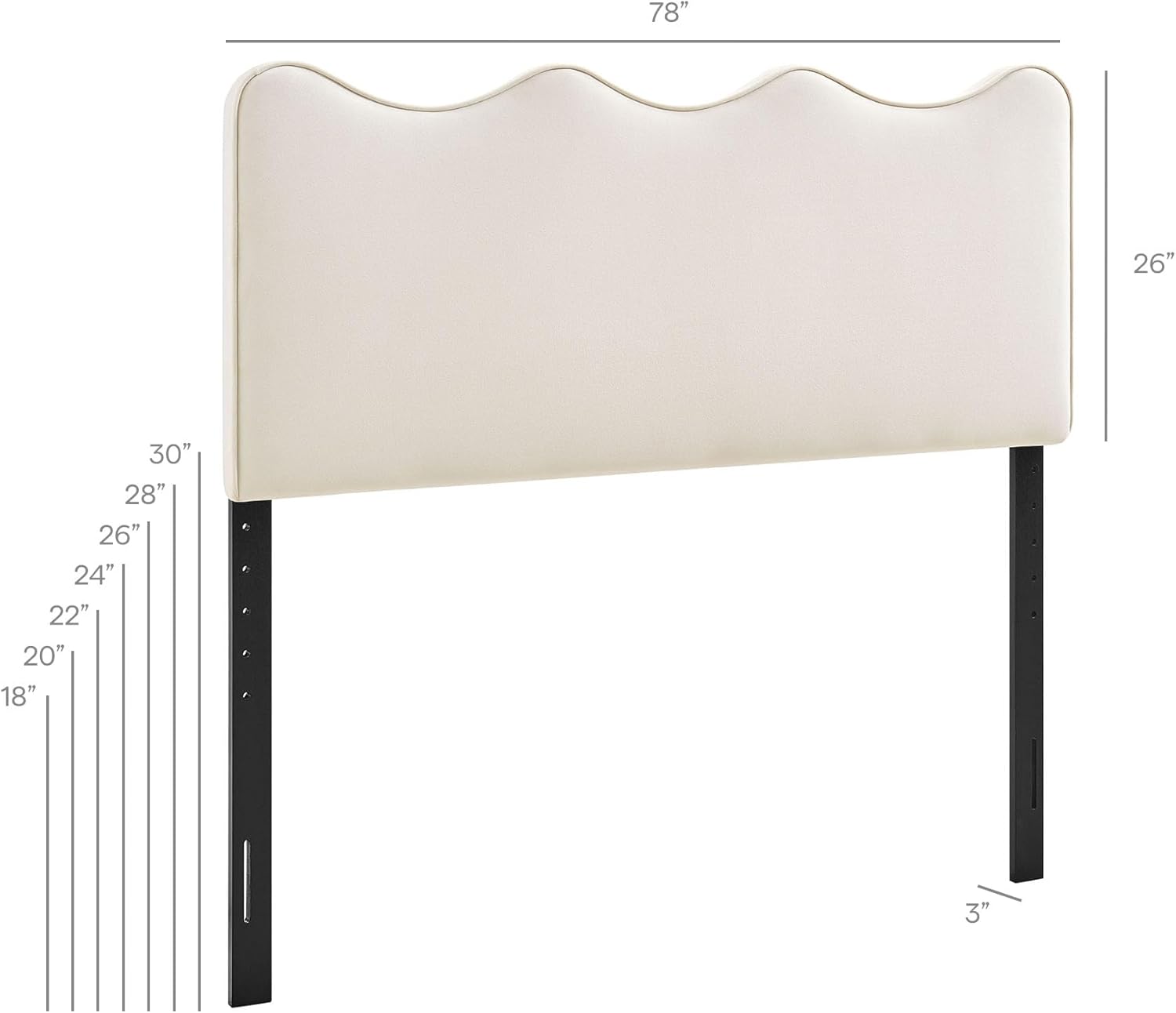 Monday Athena King Size Performance Velvet Adjustable Headboard in Alabaster - with Scalloped Wave Design and Stain-Resistant Velvet Upholstery
