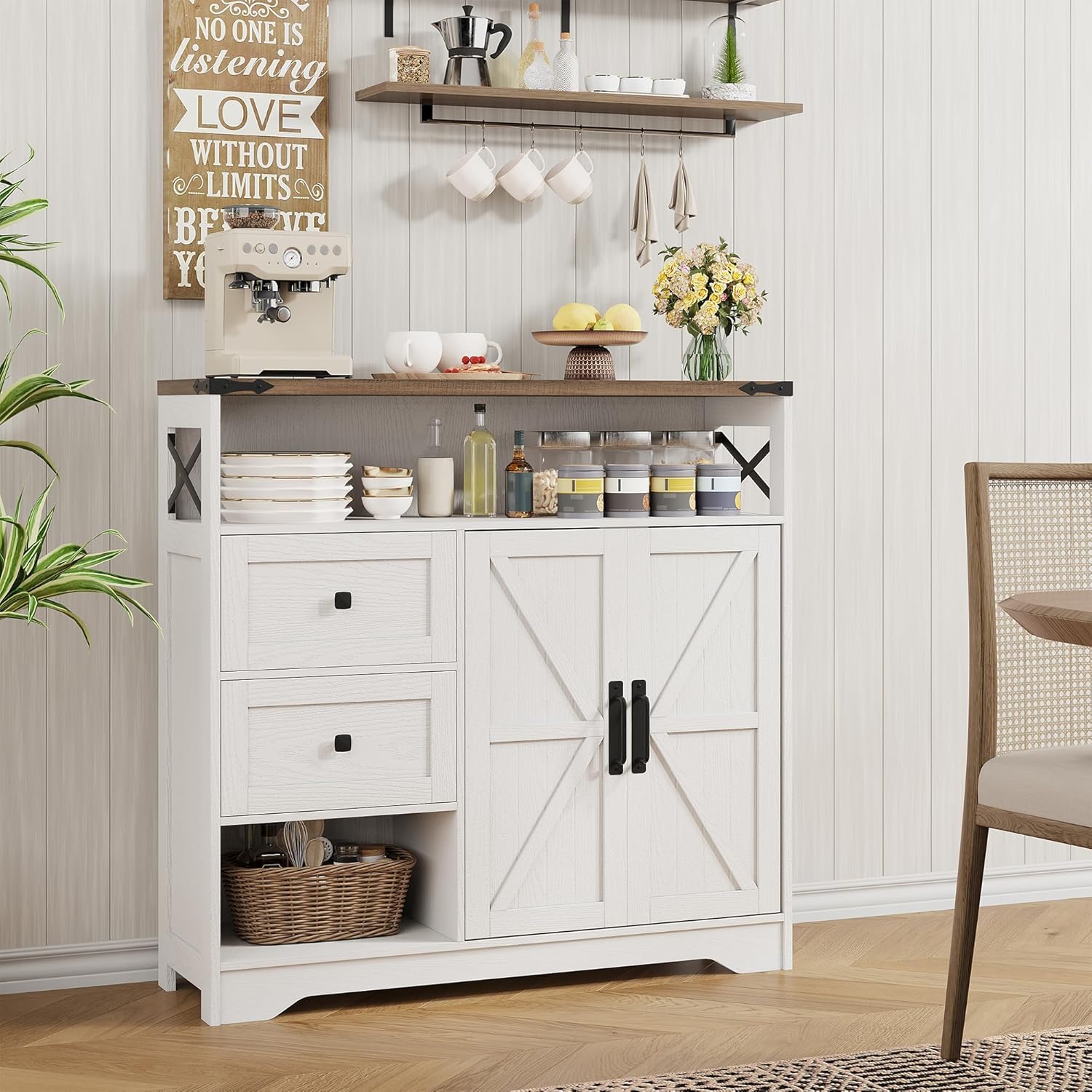 Vabches Farmhouse Buffet Sideboard Cabinet with Drawers and Open Shelf, 38.5