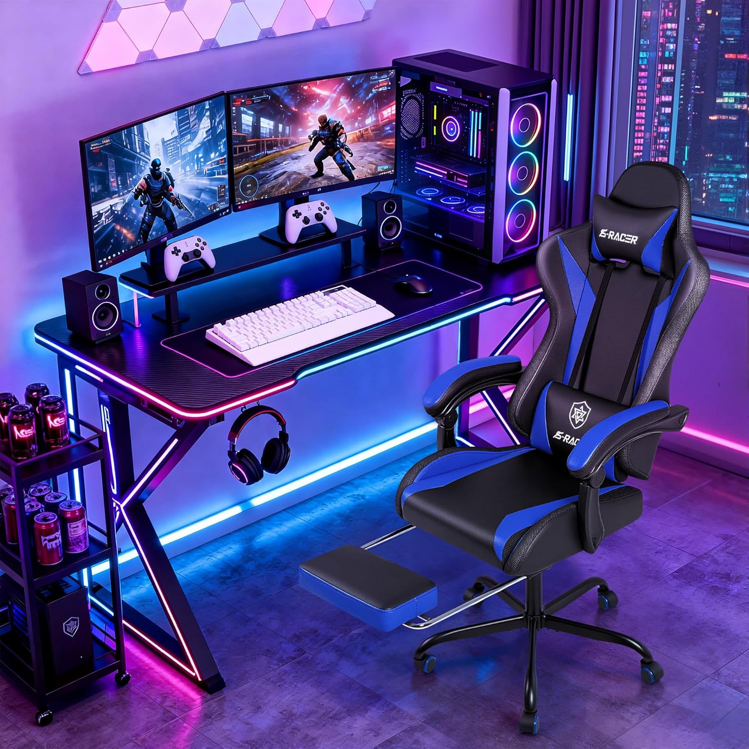 Homall Gaming Chair with Massage & Footrest, Ergonomic Computer Office Chair, High-Back Racing Style Reclining Chair with Adjustable Lumbar Support, PU Leather for Adults (Blue)
