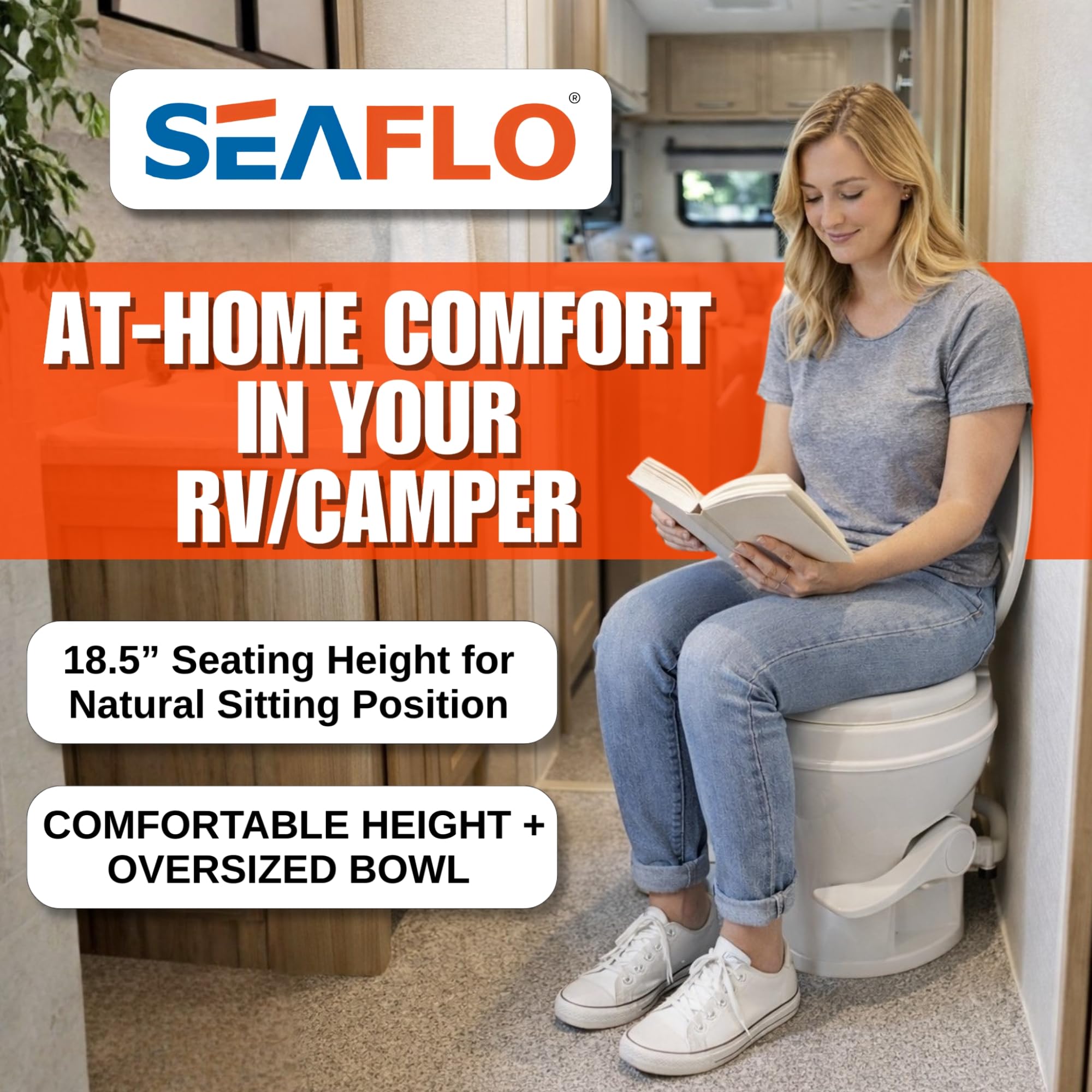SEAFLO RV Toilet - Residential Height, Gravity Flush, Soft Close