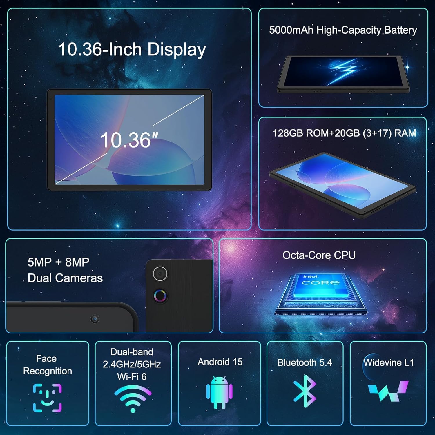 FEARWIKY Tablet, 10.4 inch Android Tablet with 20GB RAM 128GB ROM 1TB TF Card Expandable Octa-Core, Widevine L1, 1280 * 800 HD Touchscreen, Face ID, Wi-Fi 6, Fast Charging