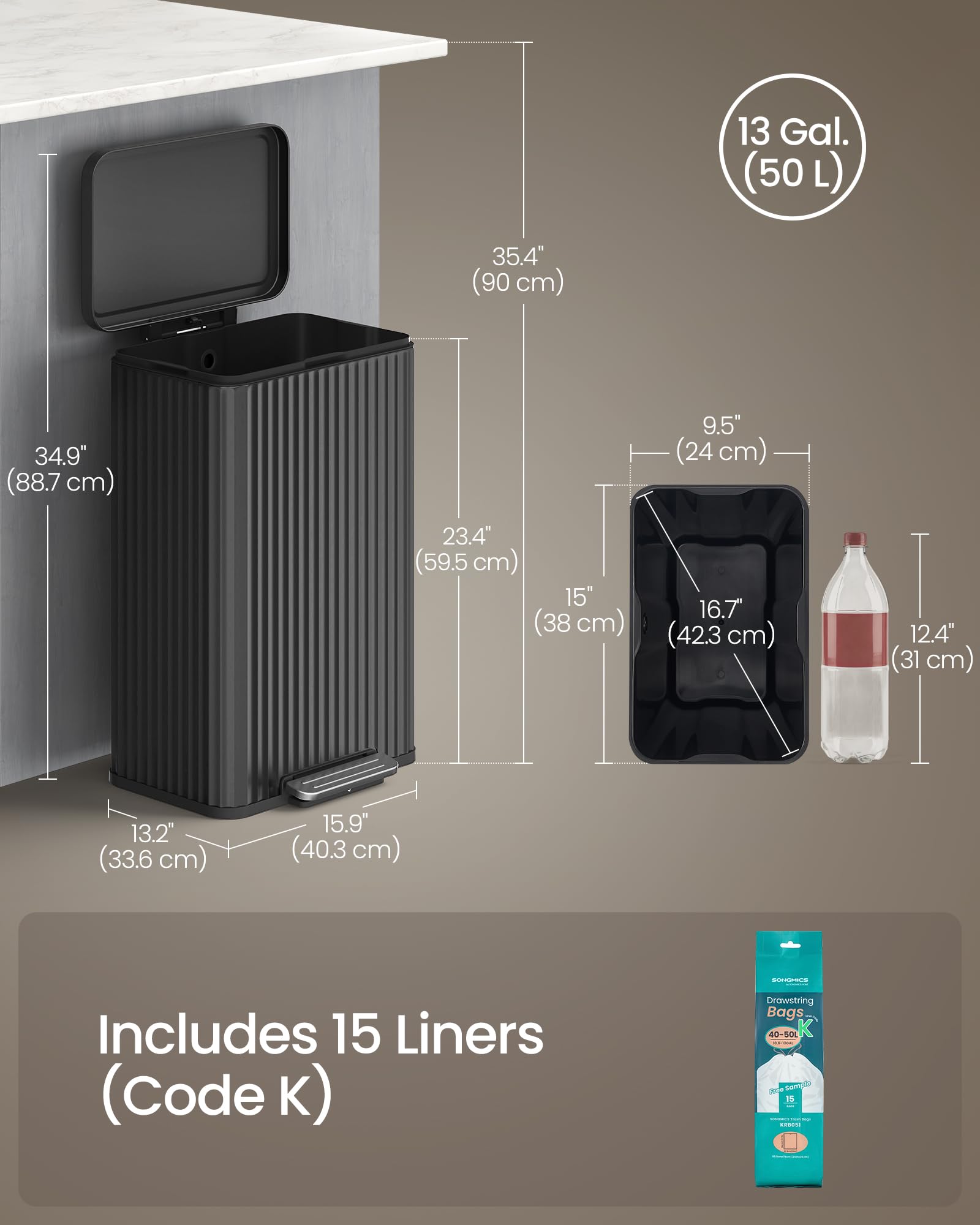 SONGMICS ULTB586BZ01 13 Gallon Stainless Steel Trash Can with Lid